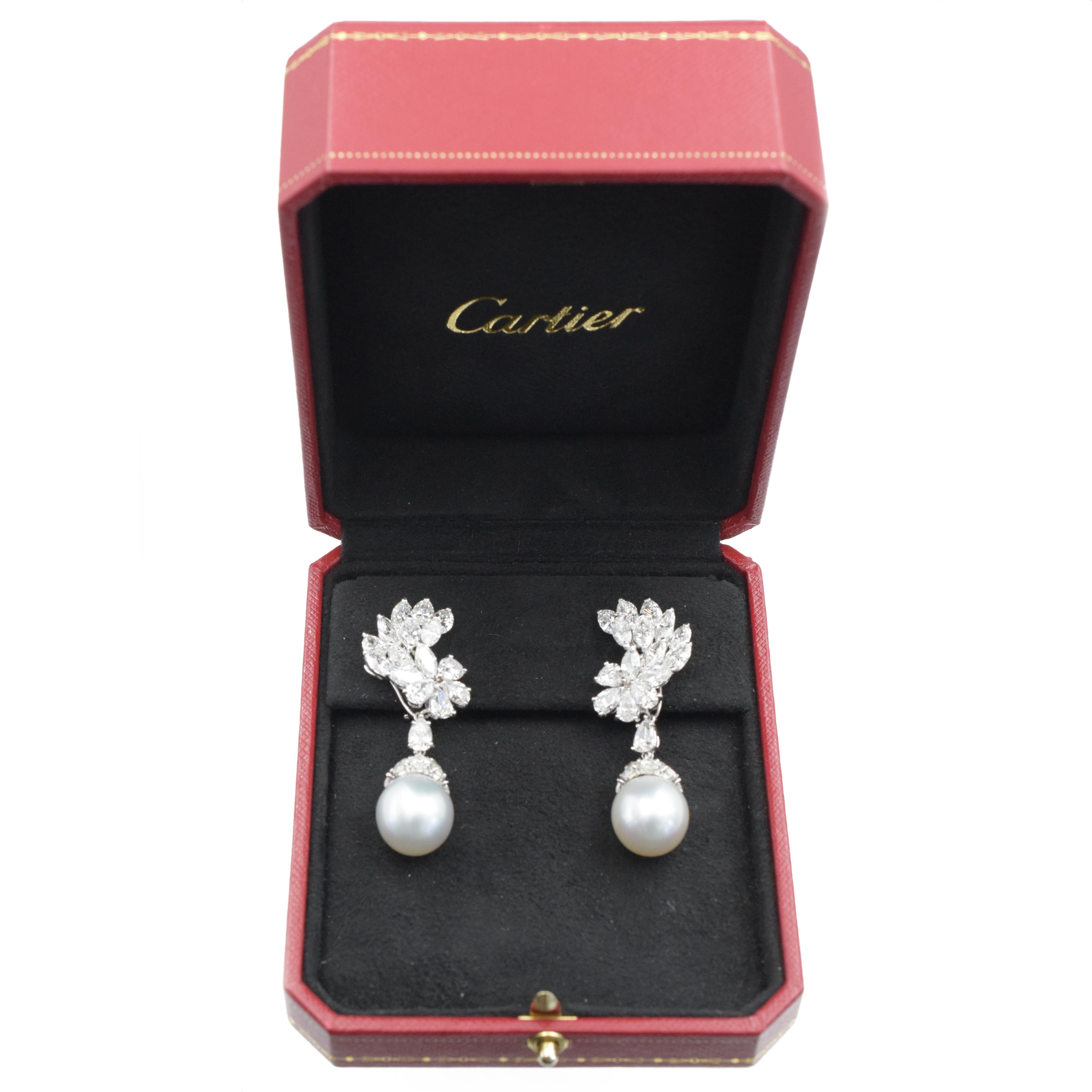 Cartier Diamond and South Sea Pearl Pendant-Earclip Earrings In Excellent Condition In New York, NY