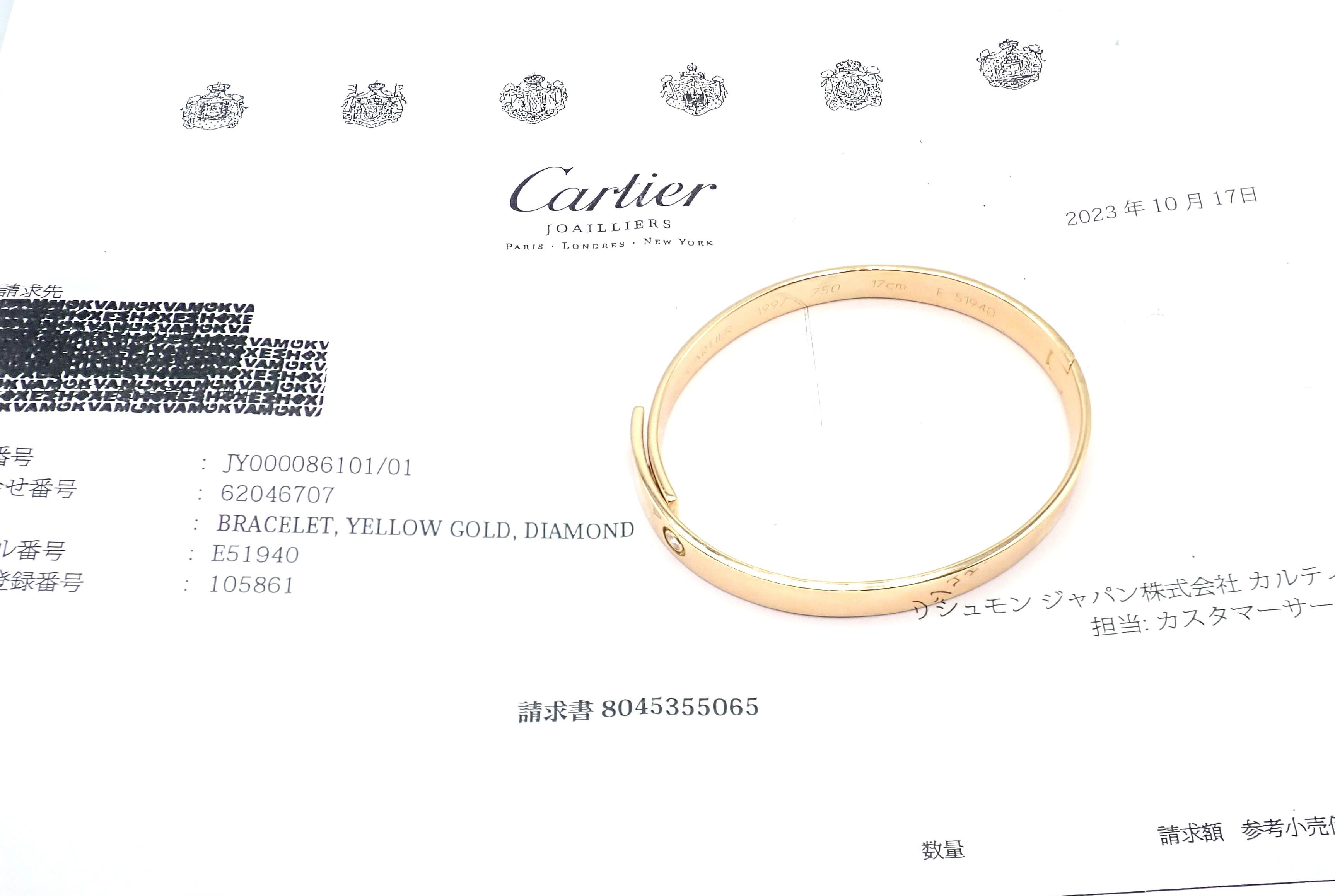 Taille brillant Cartier, bracelet jonc anniversaire en or jaune et diamants, taille 17 en vente