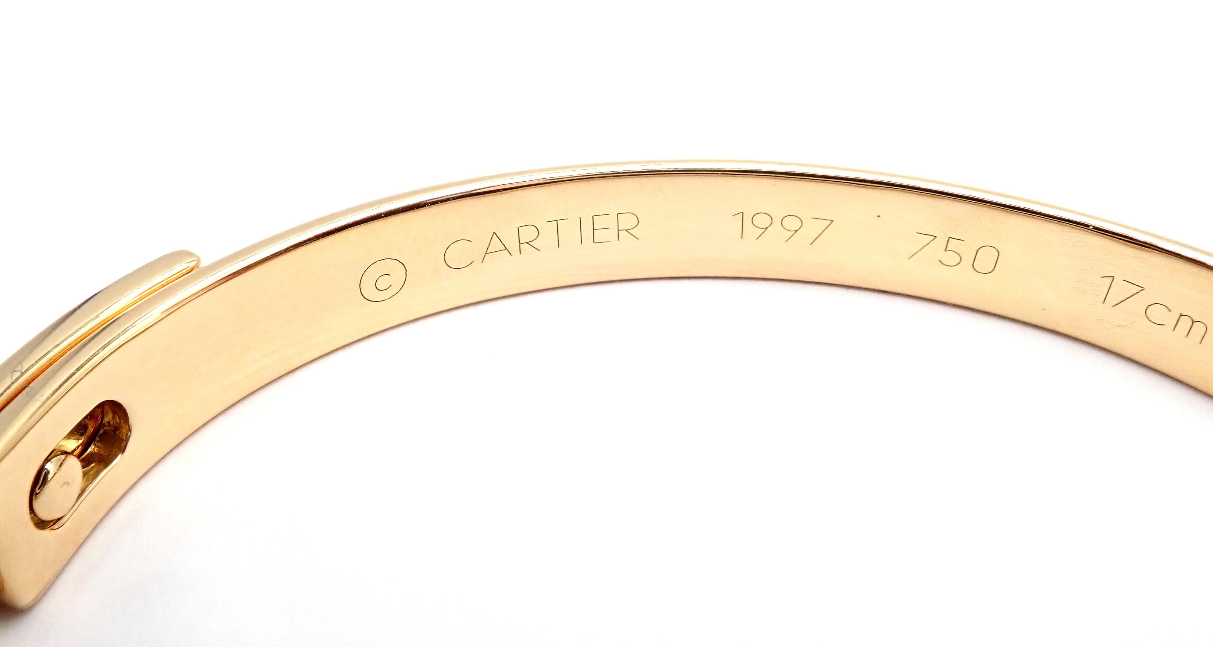 Cartier Diamond Anniversary Yellow Gold Bangle Bracelet Size 17 For Sale 1