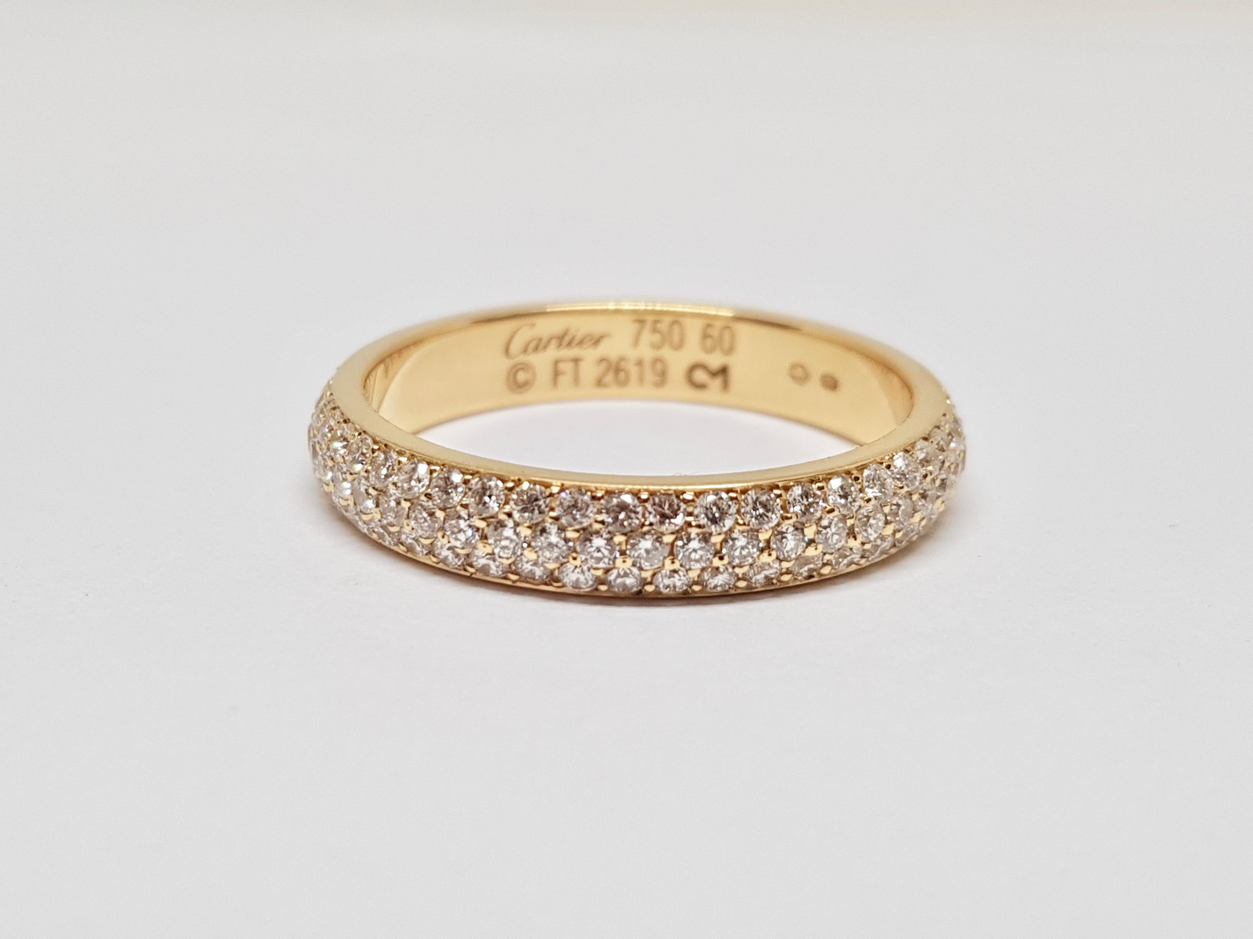 Signed Cartier 750 60 c FT 2619
Gold: 18 Carat Yellow Gold
Weight: 5.17 gr.
Diamonds: 1.38ct.
Ring Size: BE 60 / NL 19mm / US 9
Width: 0.4cm.
All our jewellery comes with a certificate and 5 years guarantee
Shipping: free worldwide insured