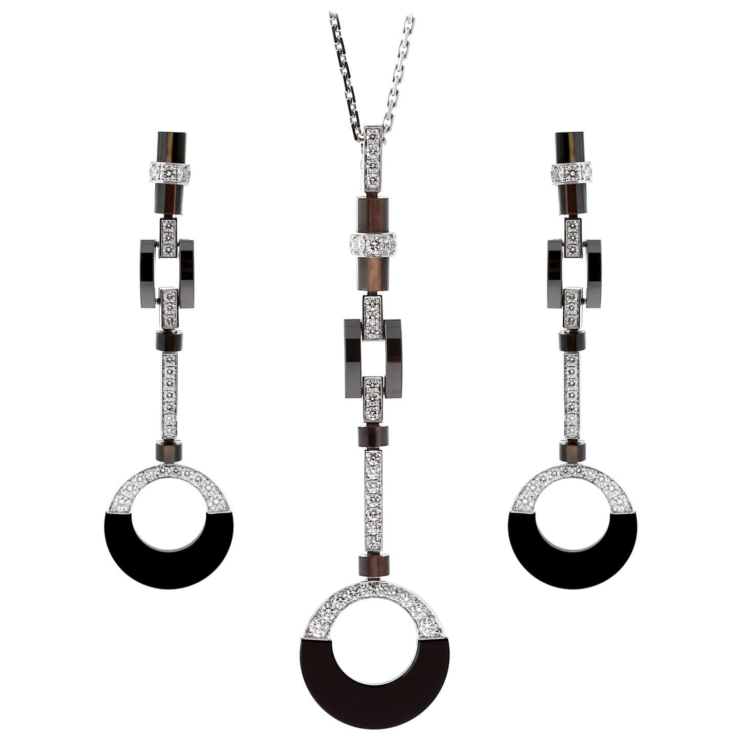 Cartier Diamond Black Ceramic Drop Necklace Suite For Sale