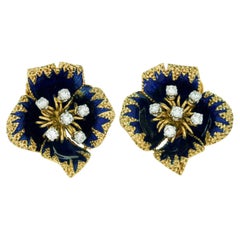 Cartier Diamond Blue Enamel Yellow Gold Flower Clip-On Earrings