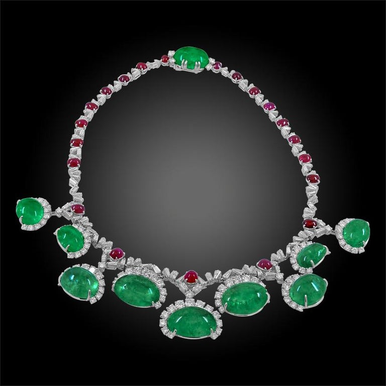 Cartier Diamond, Cabochon Ruby, Emerald Necklace Suite For Sale at 1stdibs
