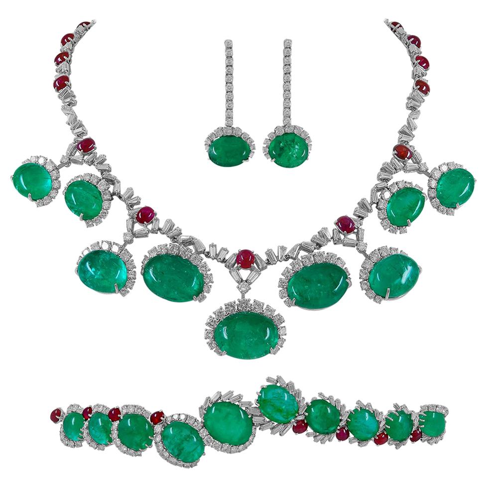 Cartier Diamond Cabochon Ruby Emerald Platinum Necklace Suite.