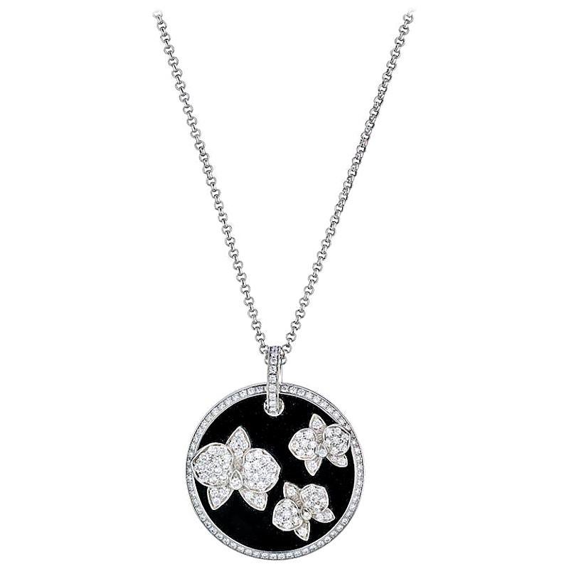 Cartier Diamond Caresse D'orchidées White Gold Onyx Round Pendant Necklace