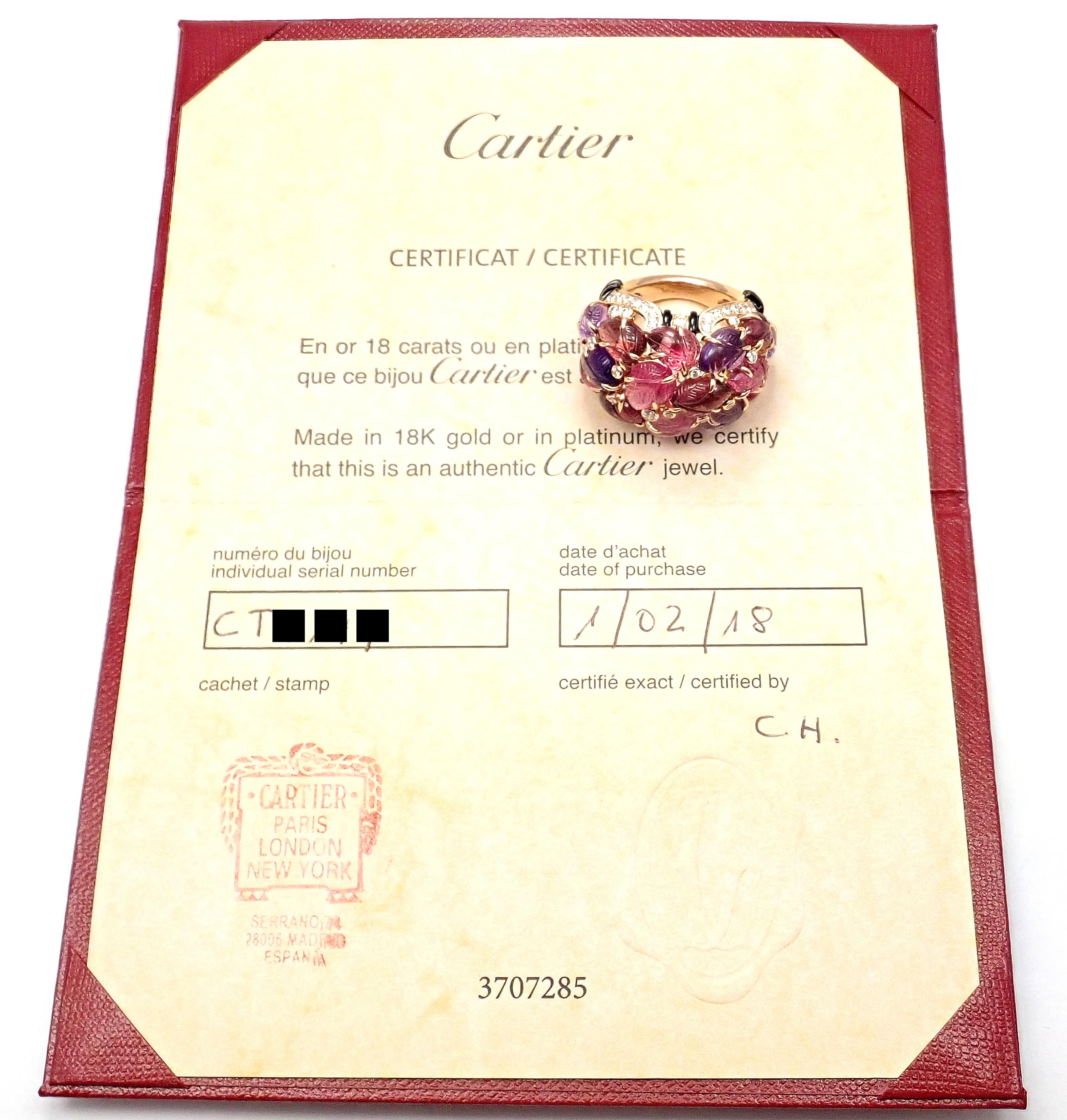 Brilliant Cut Cartier Diamond Carved Rubelite Amethyst Garnet Onyx Rose Gold Ring