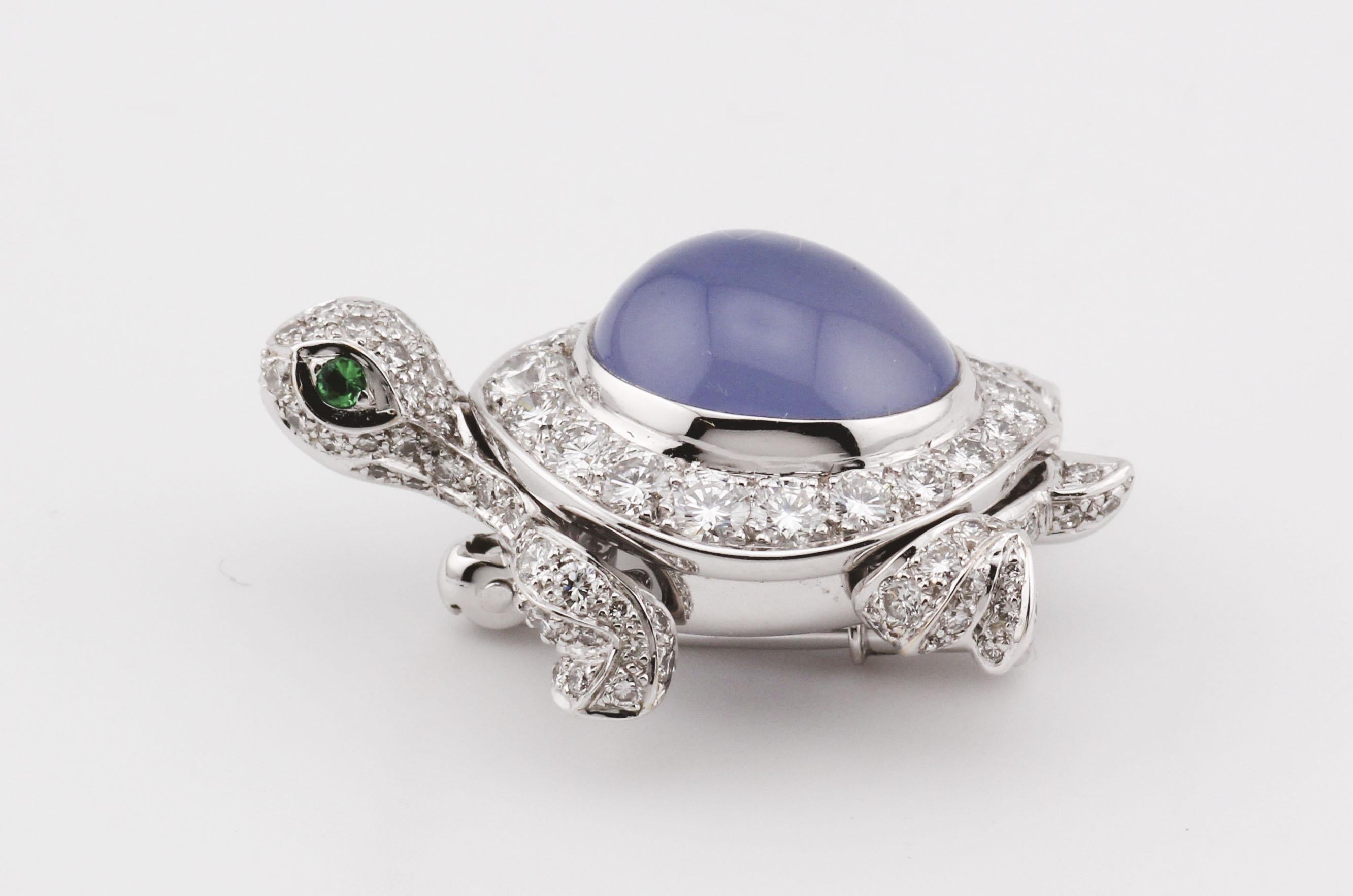 Cabochon Cartier Diamond Chalcedony 18K White Gold Turtle Brooch For Sale