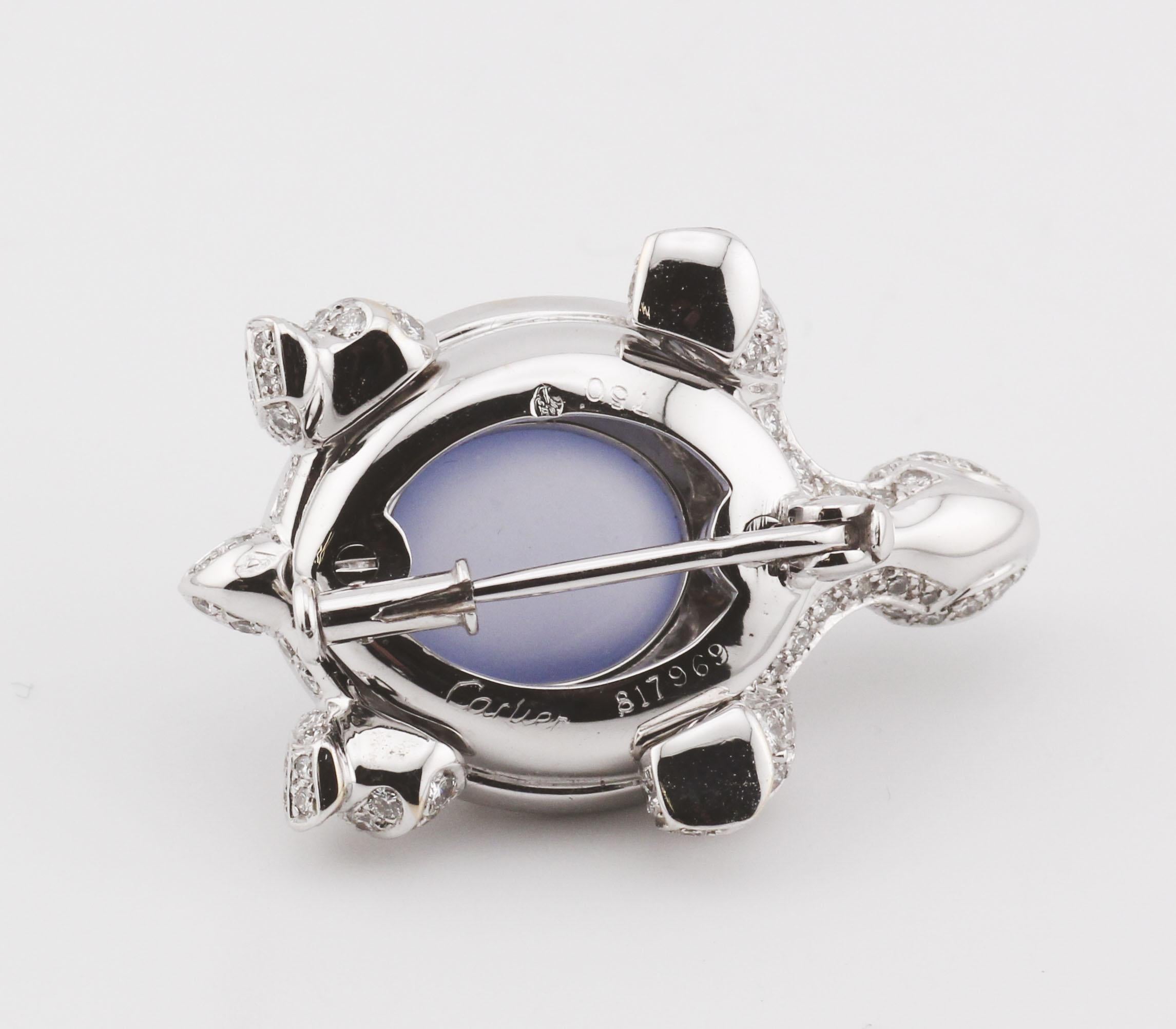 Cartier Diamond Chalcedony 18K White Gold Turtle Brooch In Excellent Condition For Sale In Simpsonville, SC