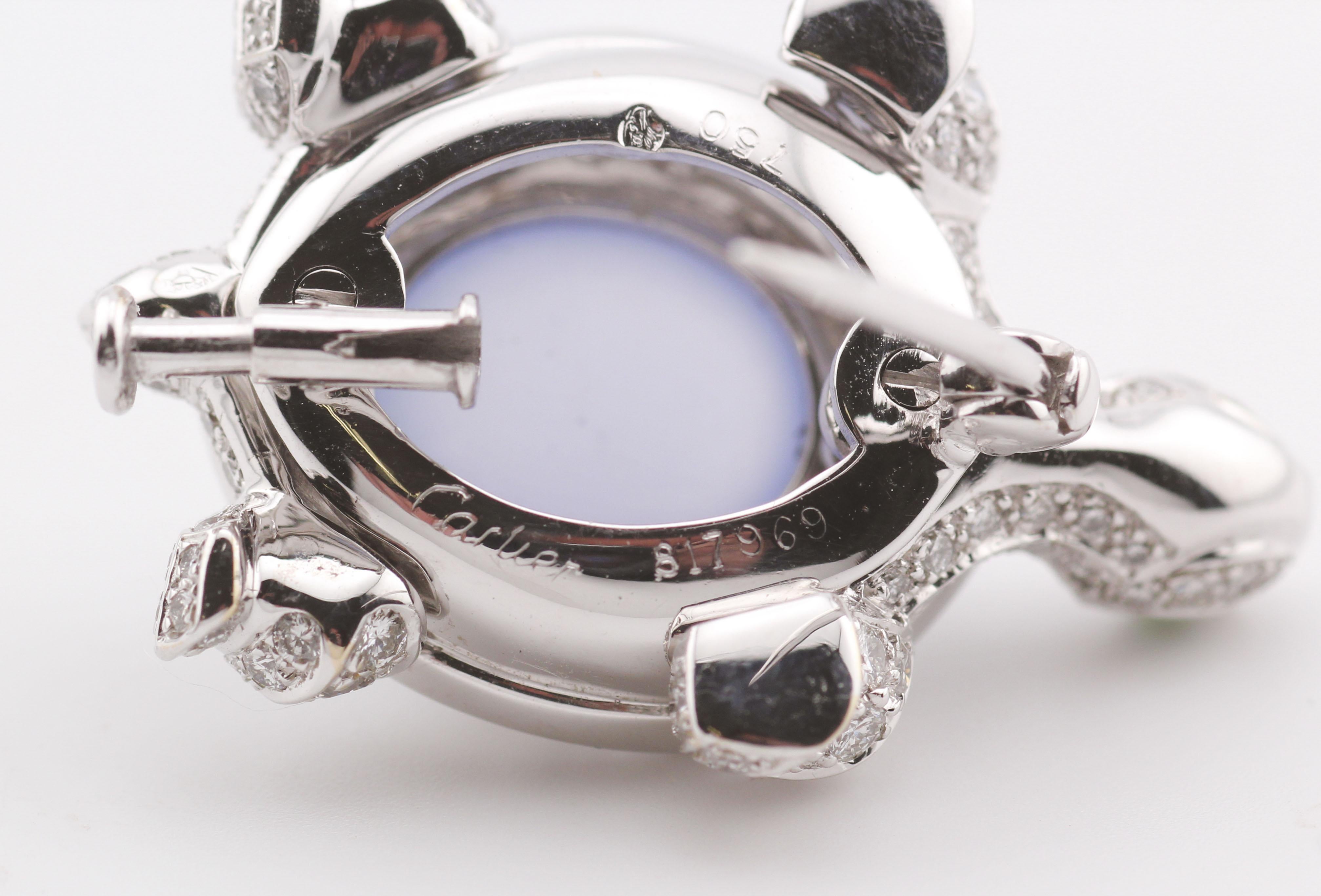 Cartier Diamond Chalcedony 18K White Gold Turtle Brooch For Sale 1