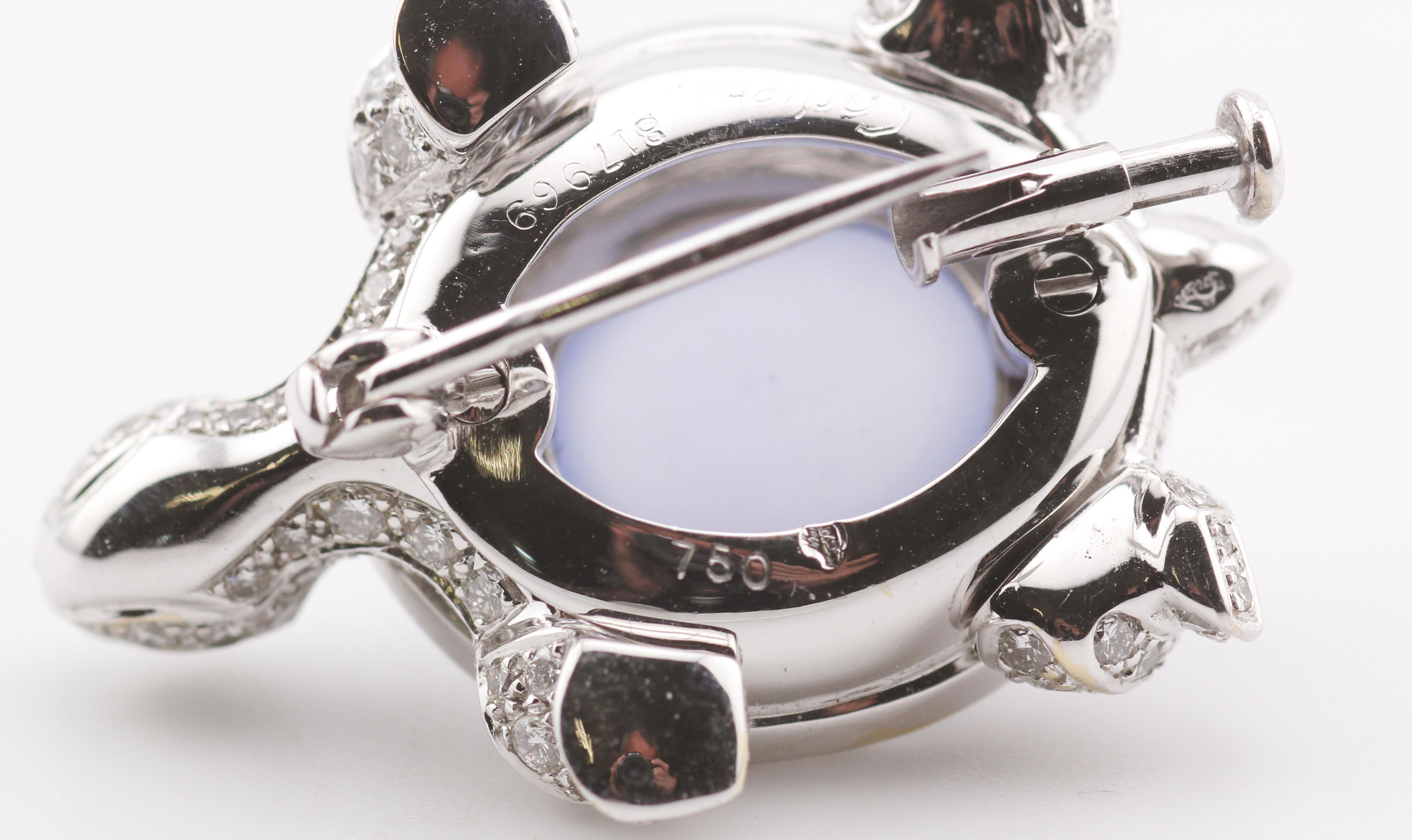 Cartier Diamond Chalcedony 18K White Gold Turtle Brooch For Sale 2