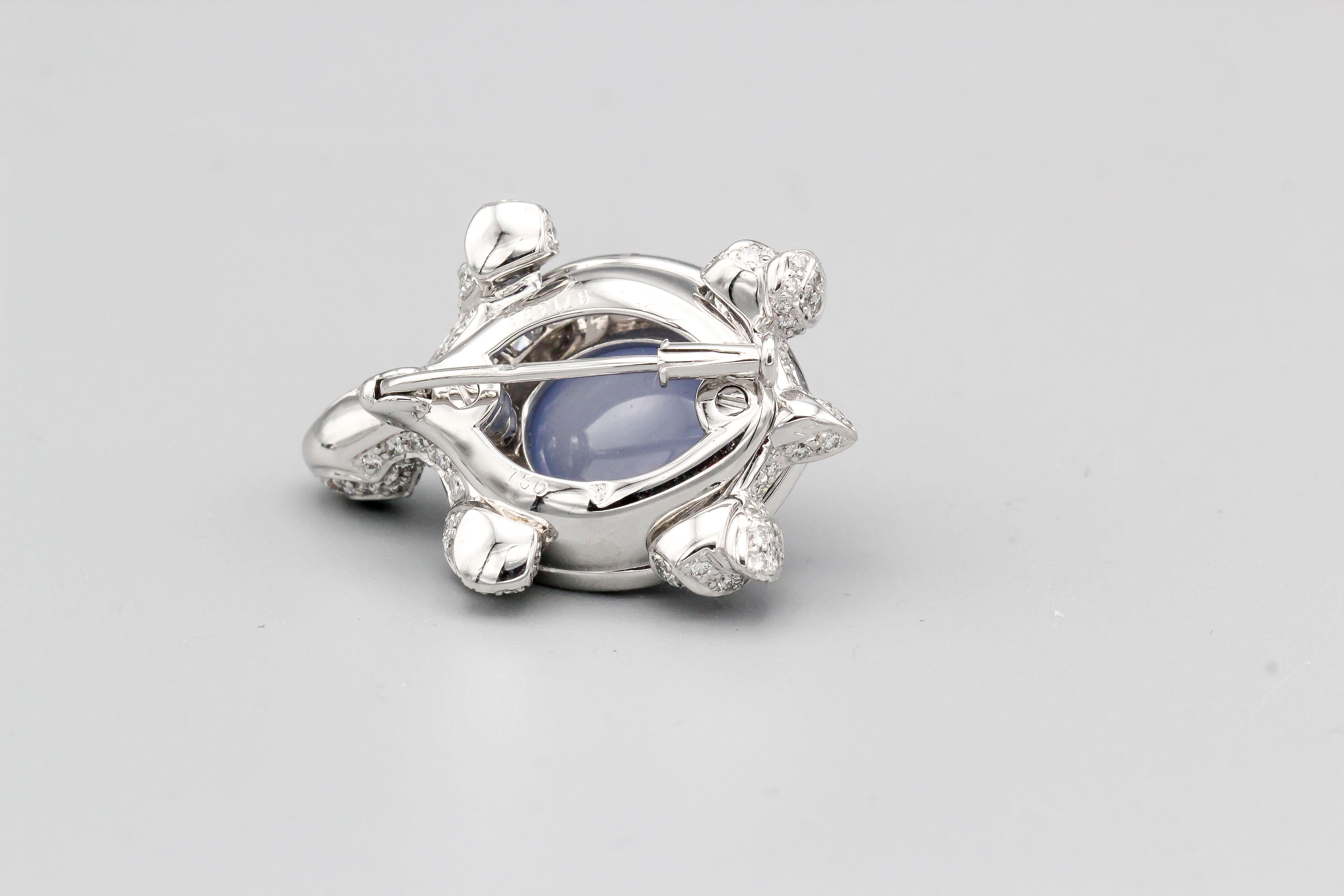 Round Cut Cartier Diamond Chalcedony and 18 Karat White Gold Turtle Brooch For Sale