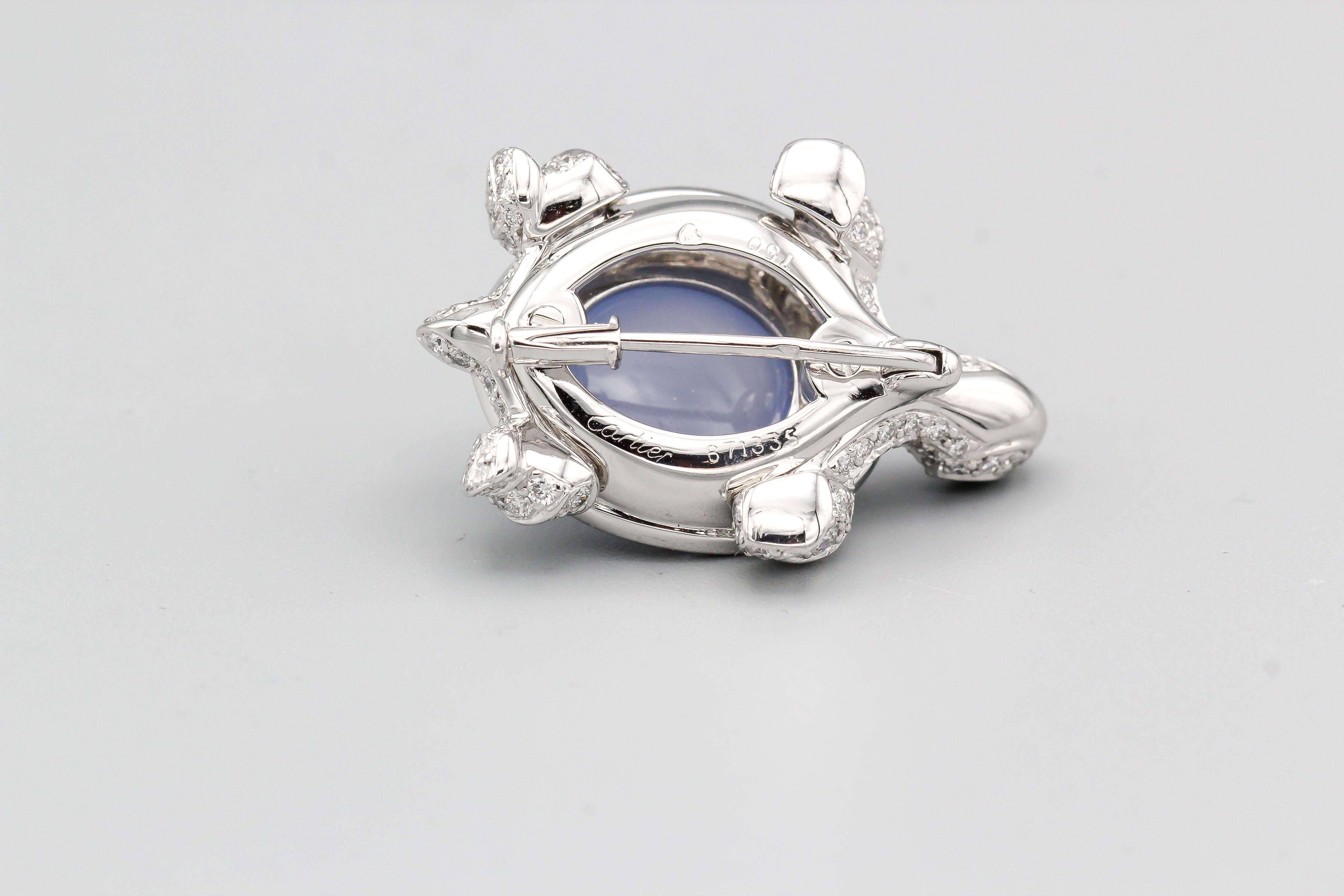 Cartier Diamond Chalcedony and 18 Karat White Gold Turtle Brooch For Sale 1