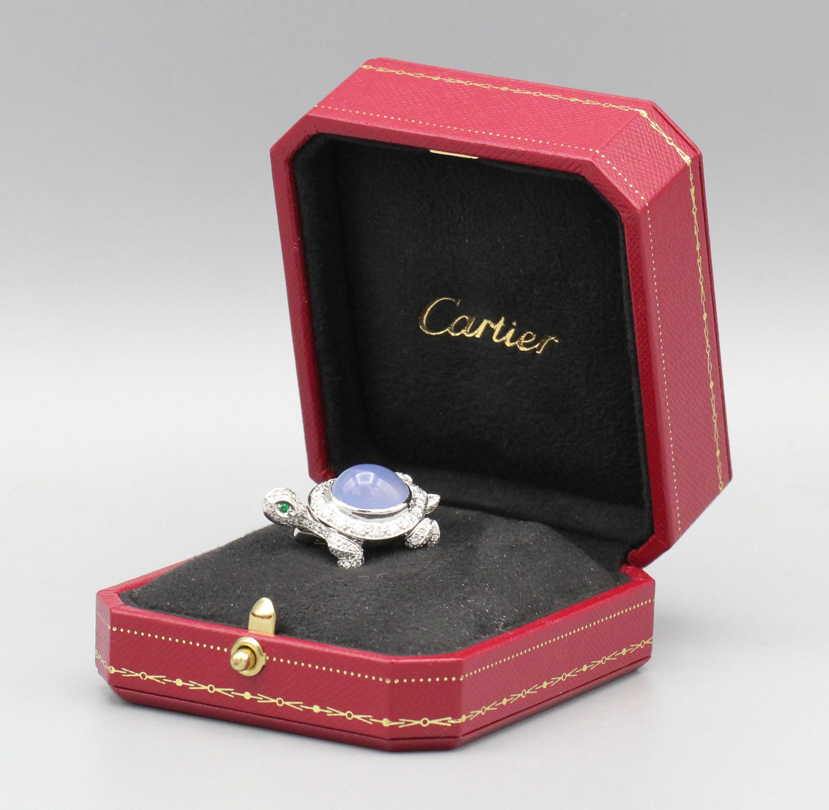 Cartier Diamond Chalcedony and 18 Karat White Gold Turtle Brooch For Sale 3