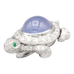 Cartier Diamond Chalcedony and 18 Karat White Gold Turtle Brooch
