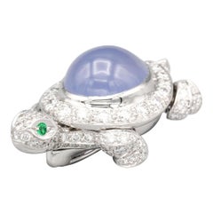 Retro Cartier Diamond Chalcedony and 18 Karat White Gold Turtle Brooch