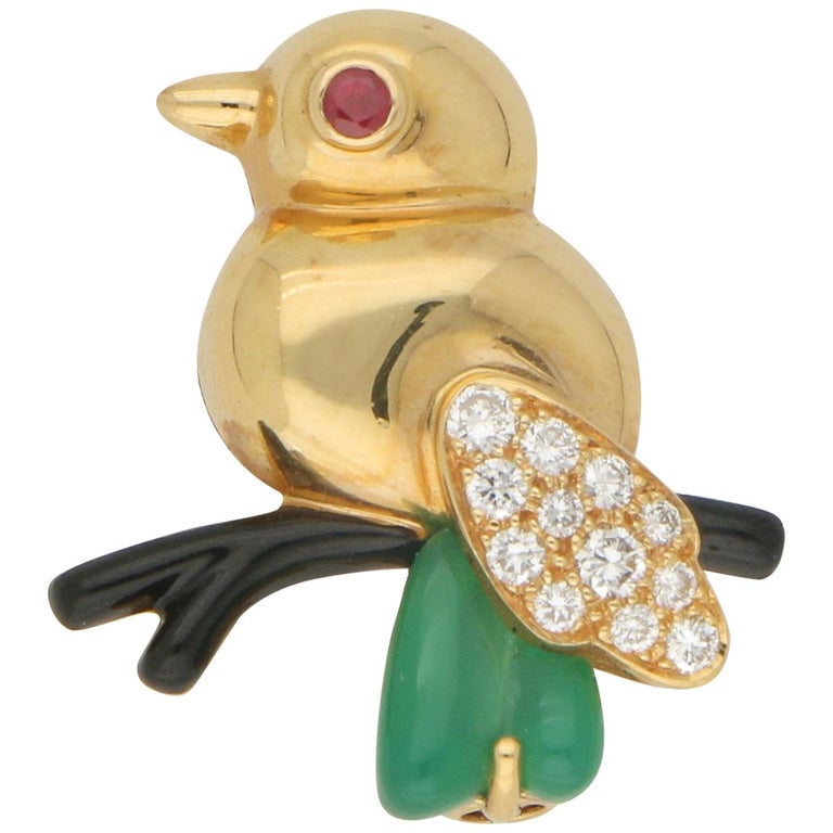 Cartier Diamond, Chalcedony and Ruby Bird Brooch Set in 18 Karat