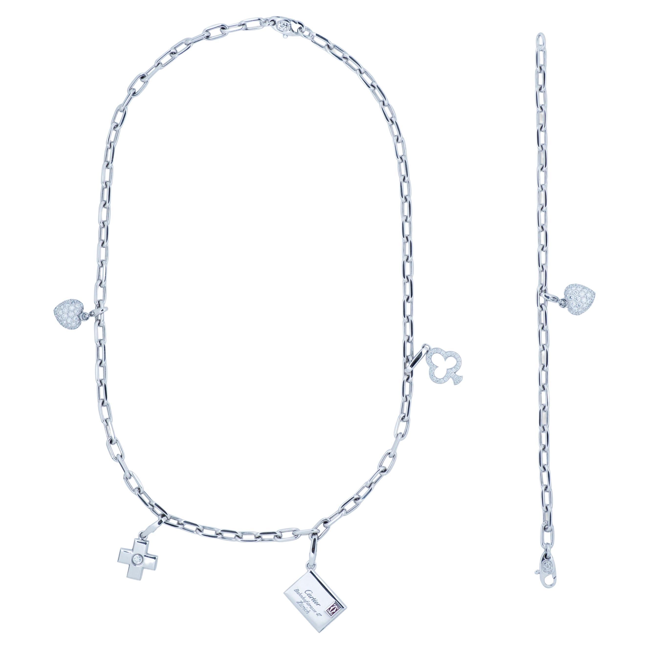Cartier Diamond Charm Necklace and Charm Bracelet Set in 18k White Gold
