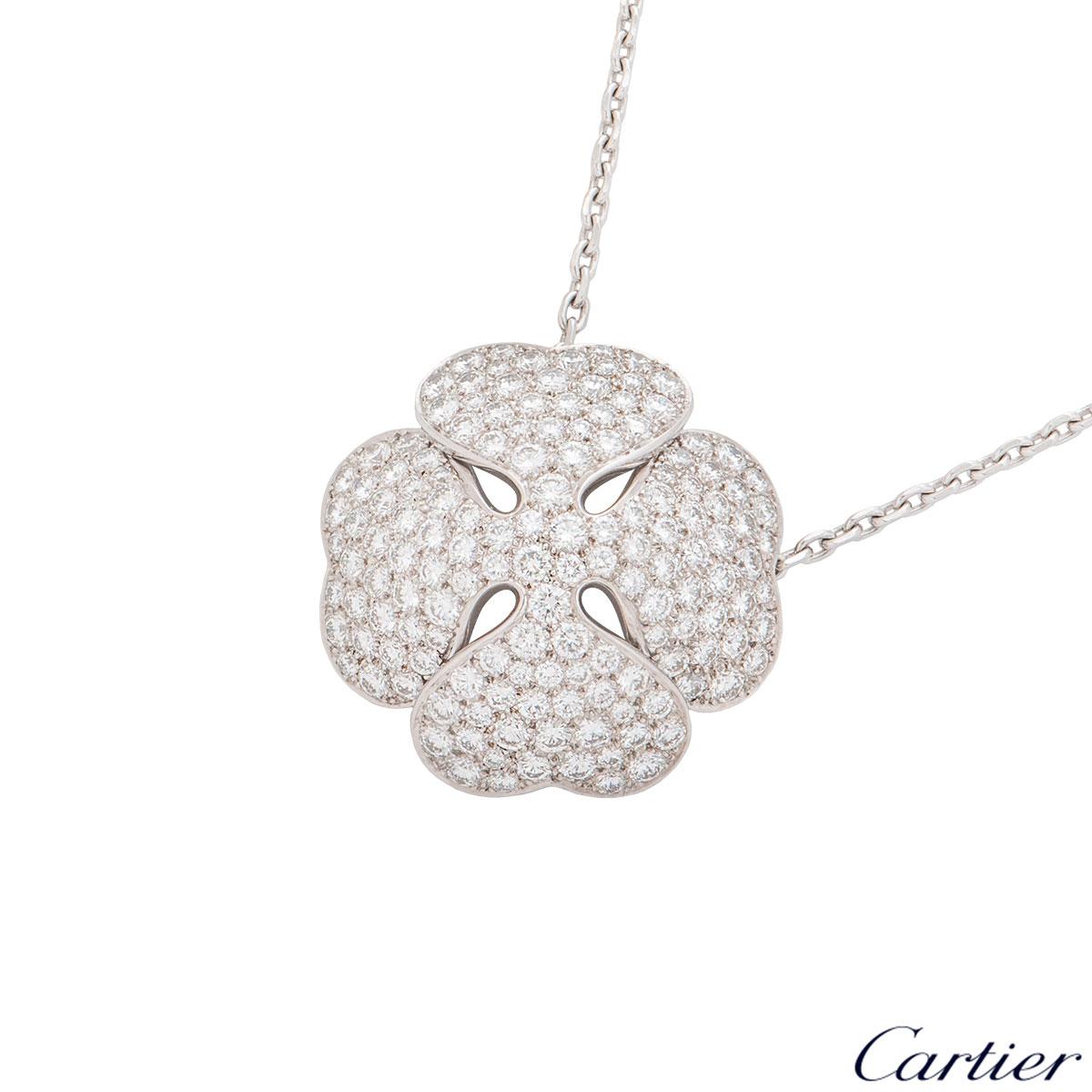 An 18k white gold diamond Cartier necklace from the 2001 collection. The necklace comprises of a four leaf clover set with pave round brilliant cut diamonds. The round brilliant cut diamonds have an approximate weight of 7.00ct. The necklace