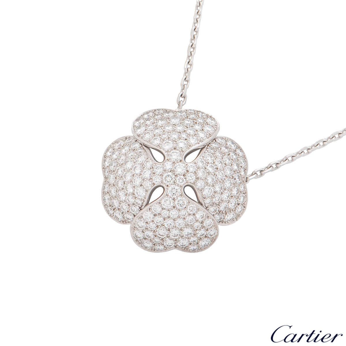 An 18k white gold diamond Cartier necklace from the 2001 collection. The necklace comprises of a four leaf clover set with pave round brilliant cut diamonds. The round brilliant cut diamonds have an approximate weight of 7.00ct. The necklace