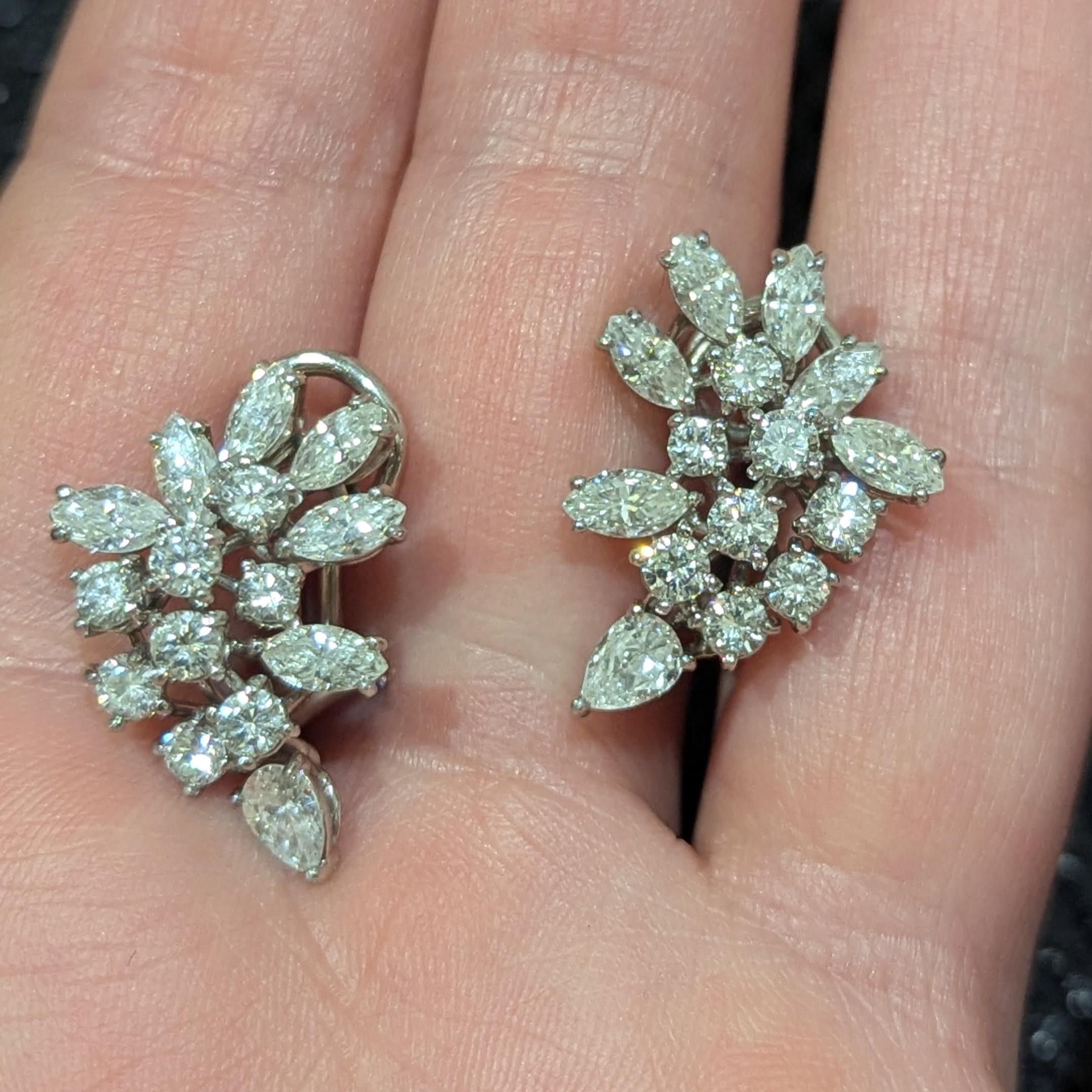 Cartier Diamond Cluster Marquise Pear Round 18K White Gold Earrings Earclips In Excellent Condition For Sale In New York, NY
