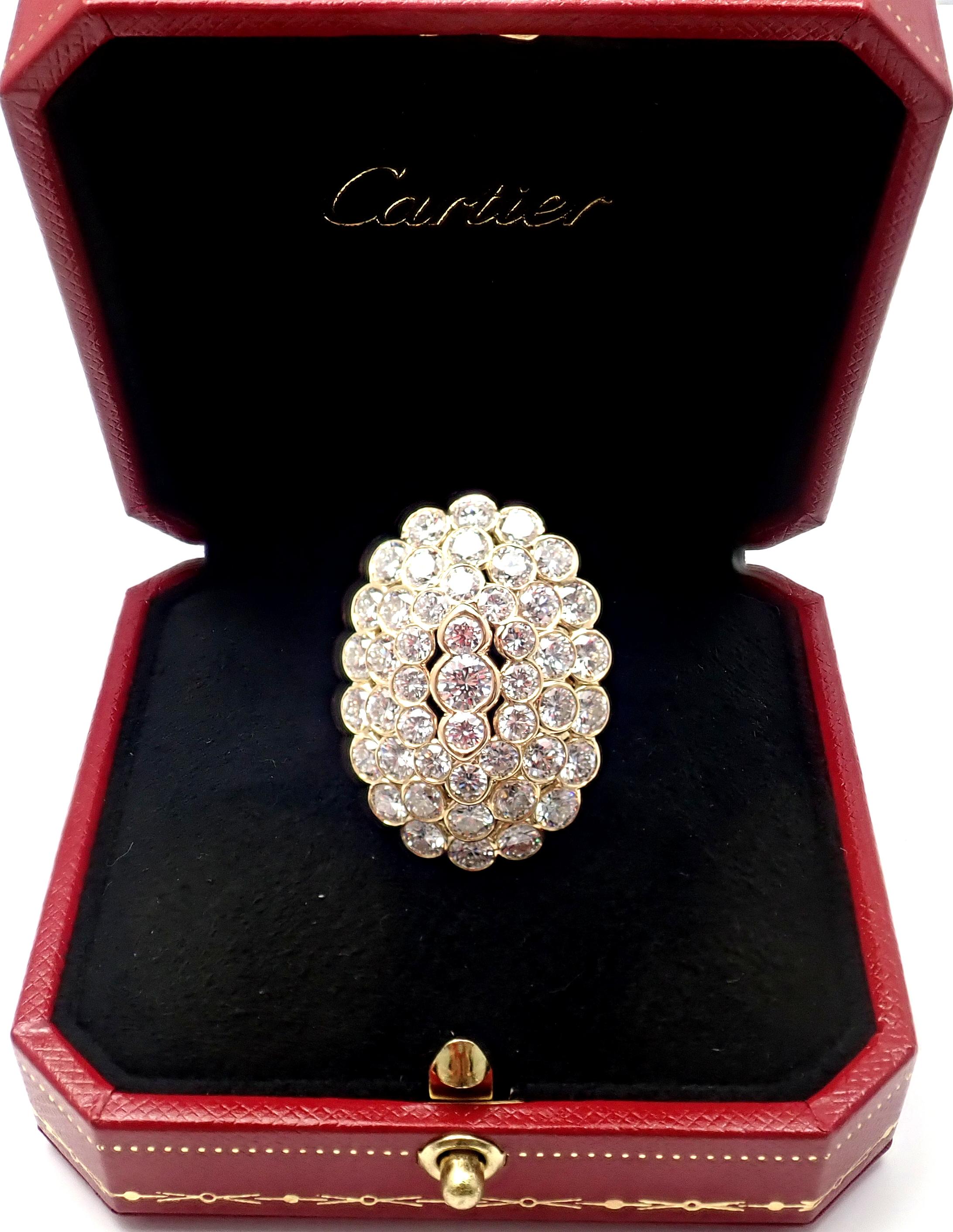 18k Yellow Gold Diamond Cocktail Ring by Cartier.
With 47 round brilliant cut diamonds VVS1 clarity, F-H color 
total weight approx. 9.5ct
This ring comes with original Cartier box and Cartier service paper.
Details:
Size: 6
Weight: 9.6 grams
Width: