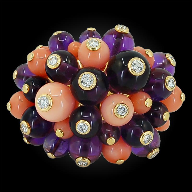 Women's Cartier Diamond, Coral, Amethyst Bead Ring