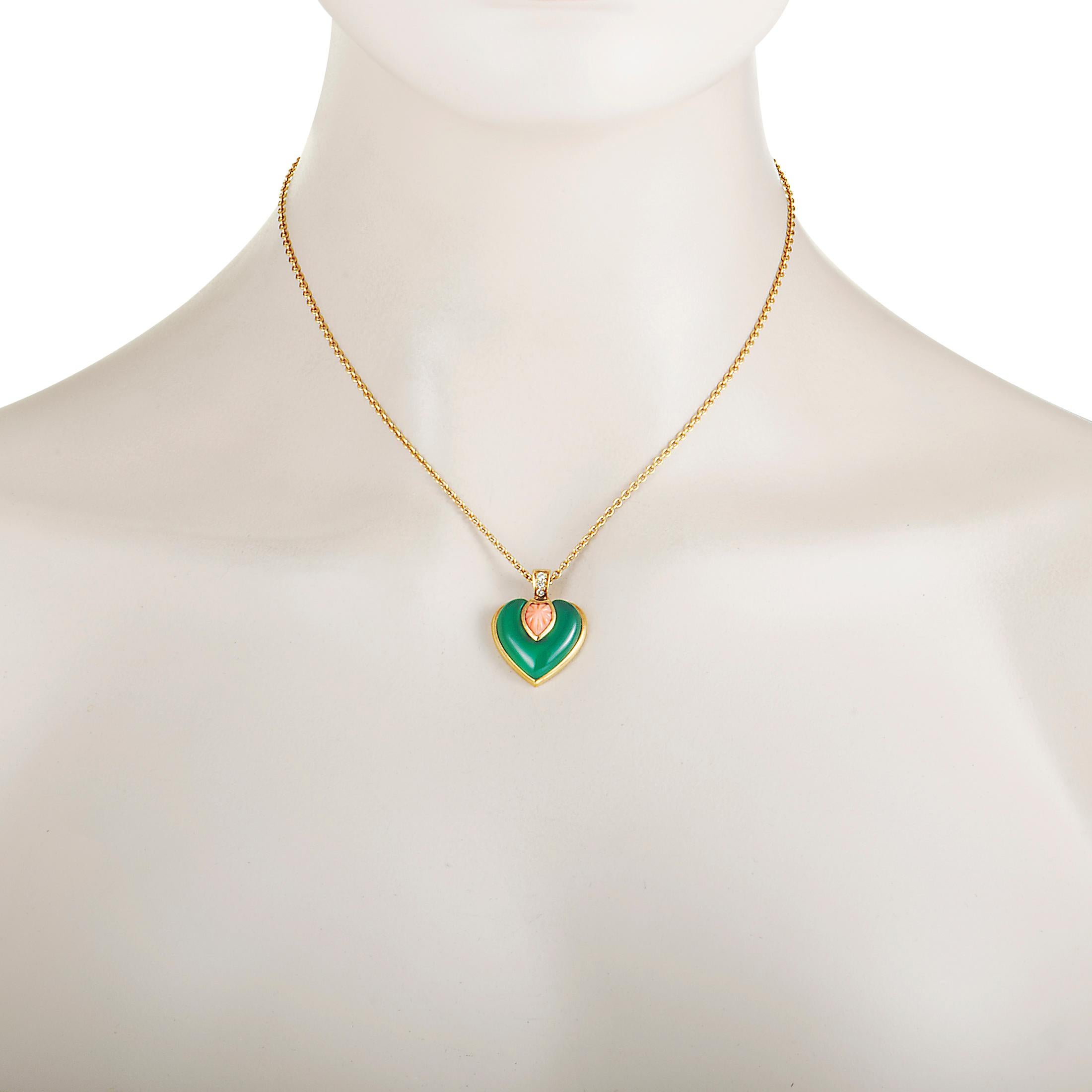 Cartier Diamond, Coral, and Chrysoprase Heart Yellow Gold Pendant Necklace In Excellent Condition In Southampton, PA