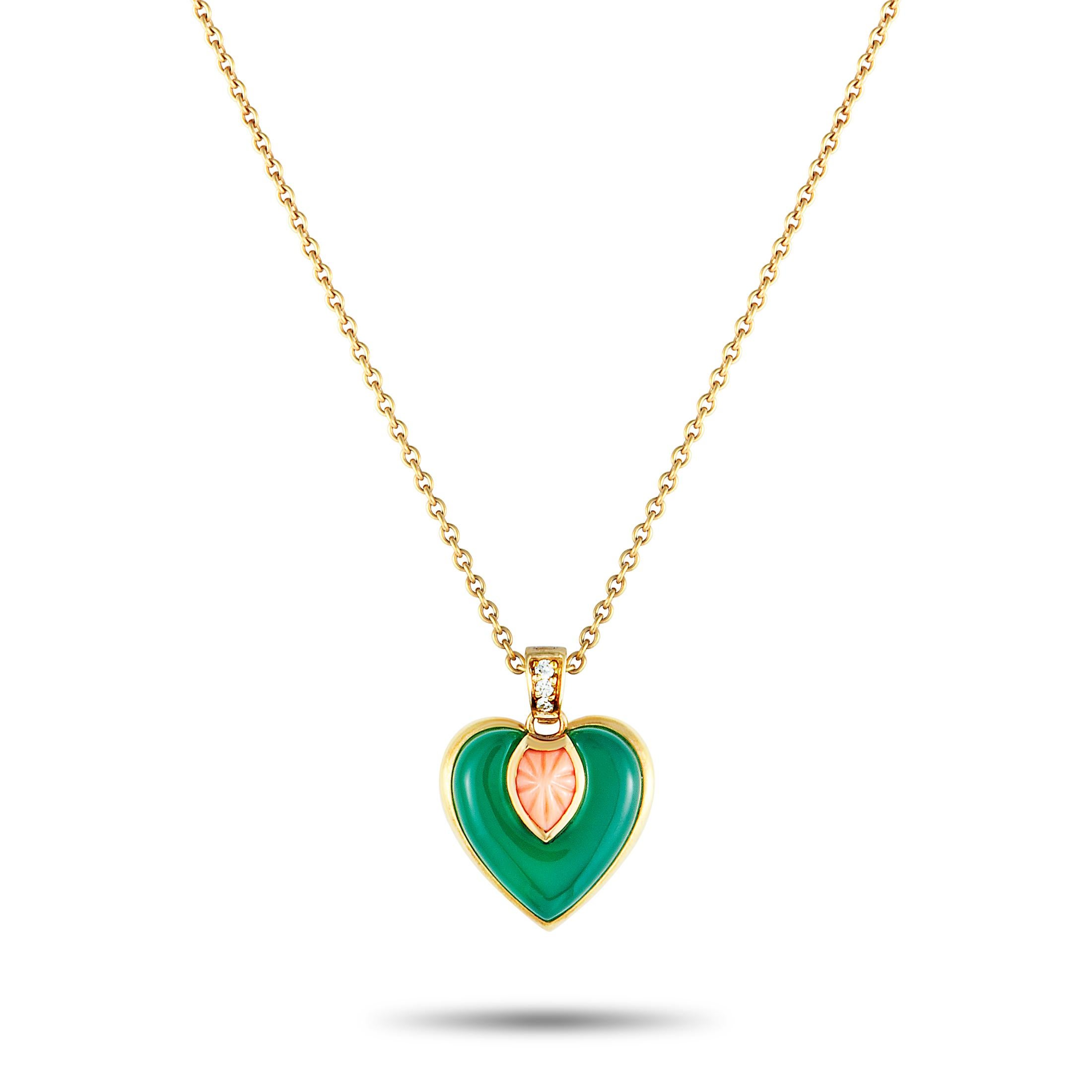 Women's Cartier Diamond, Coral, and Chrysoprase Heart Yellow Gold Pendant Necklace