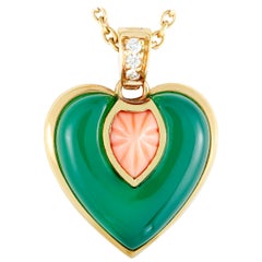 Cartier Diamond, Coral, and Chrysoprase Heart Yellow Gold Pendant Necklace