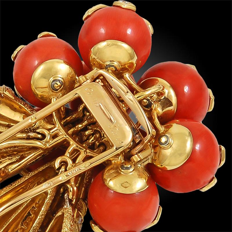 Round Cut Cartier Diamond Coral Movable Brooch For Sale