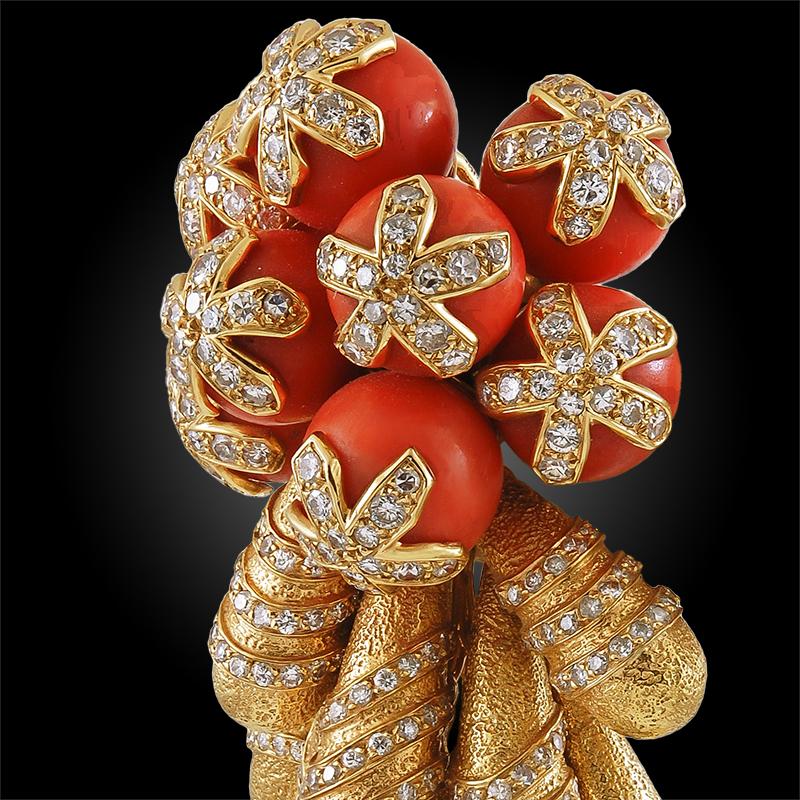 Cartier Diamond Coral Movable Brooch In Good Condition For Sale In New York, NY