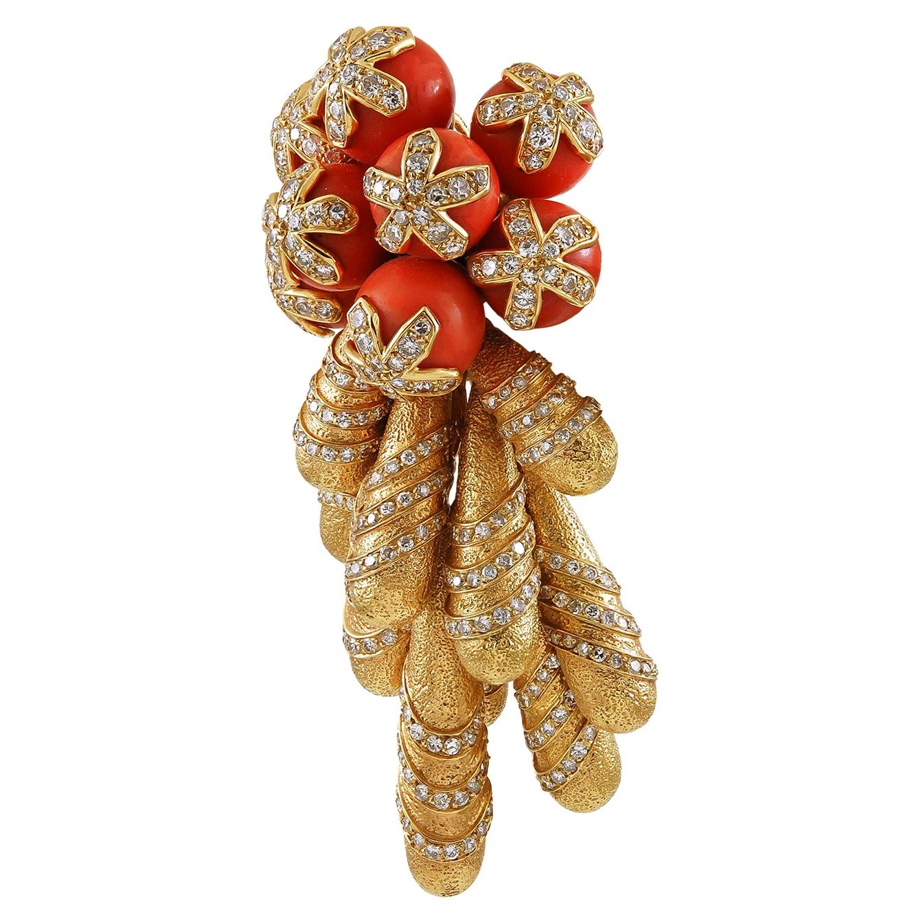 Cartier Diamond Coral Movable Brooch For Sale