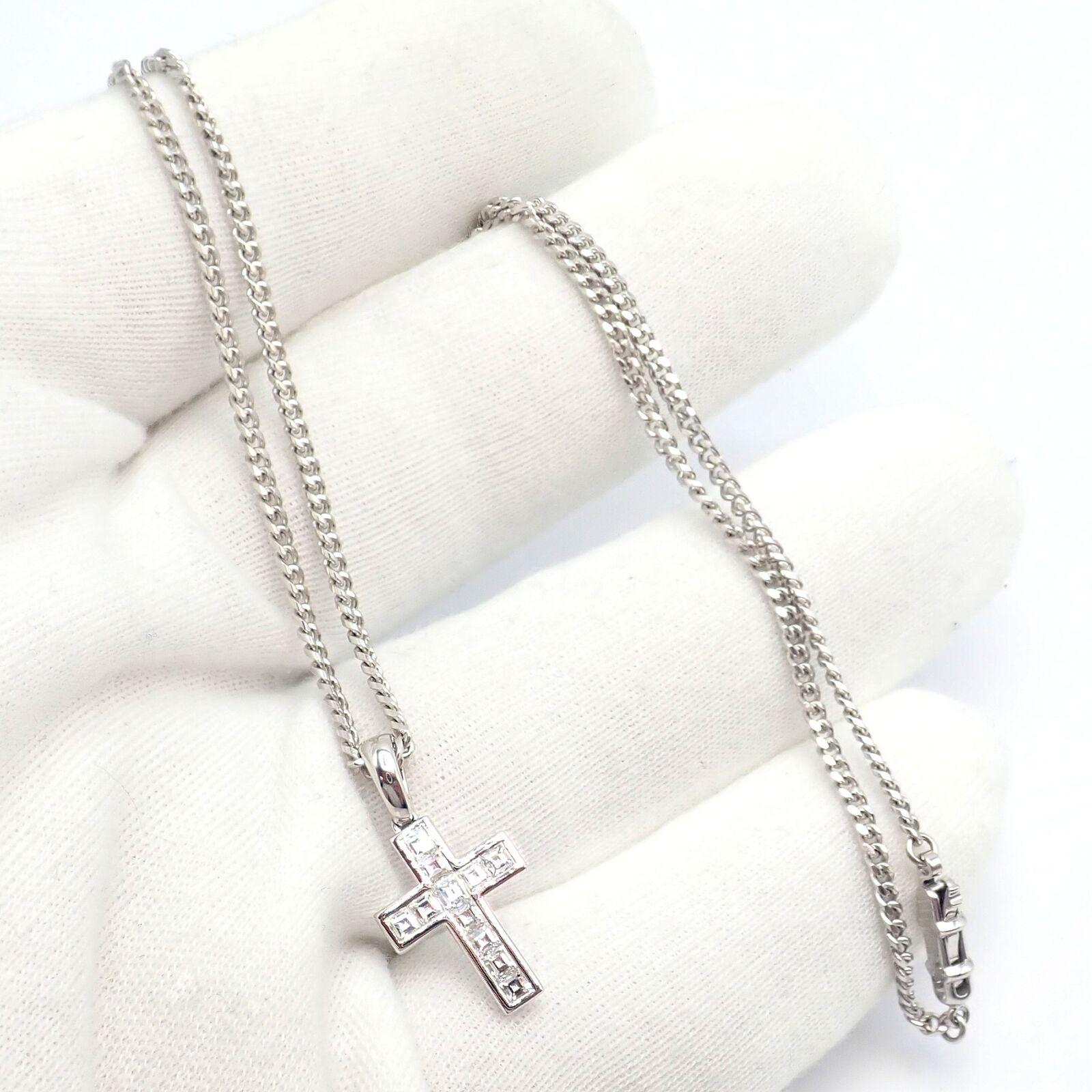 Asscher Cut Cartier Diamond Cross White Gold Pendant Necklace