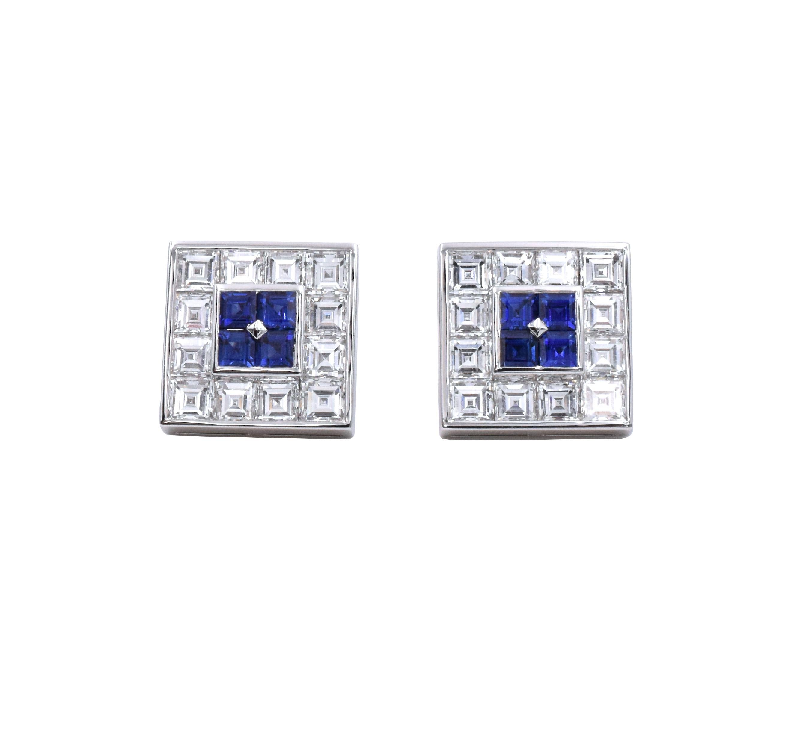 Cartier Diamond and Sapphire Cufflinks. This pair of cufflinks has 24 asscher cut diamonds with a total carat weight of approximately 4.8ct, 10 round brilliant cut diamonds totaling approximately 1.0tcw, and 8 square sapphires totaling approximately