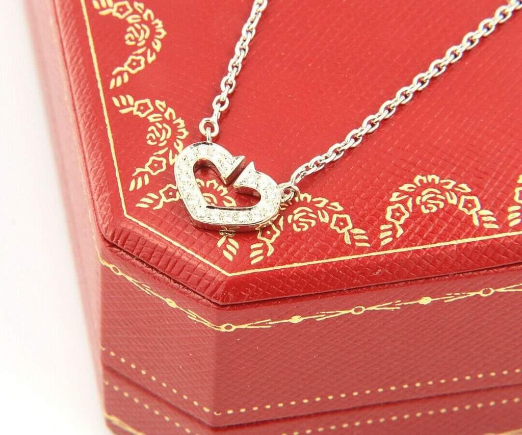 Cartier Diamond Double C Heart Pendant Necklace in 18kt White Gold For Sale 1