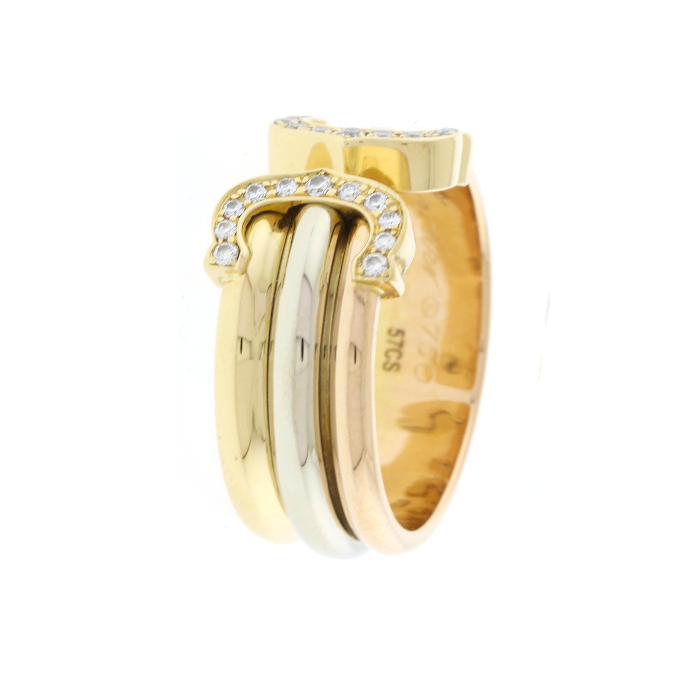 The Cartier Trinity collect  Love. Fidelity. Friendship. conceived by Louis Cartier in 1924,   Three bands in pink, yellow, and white gold.
♦ Designer: Cartier
♦ Metal: 18 karat
♦ Circa 1980s
♦ 22Diamond=.26carats
♦ Size 8½
♦ Circa 1980s
♦ 9.5mm