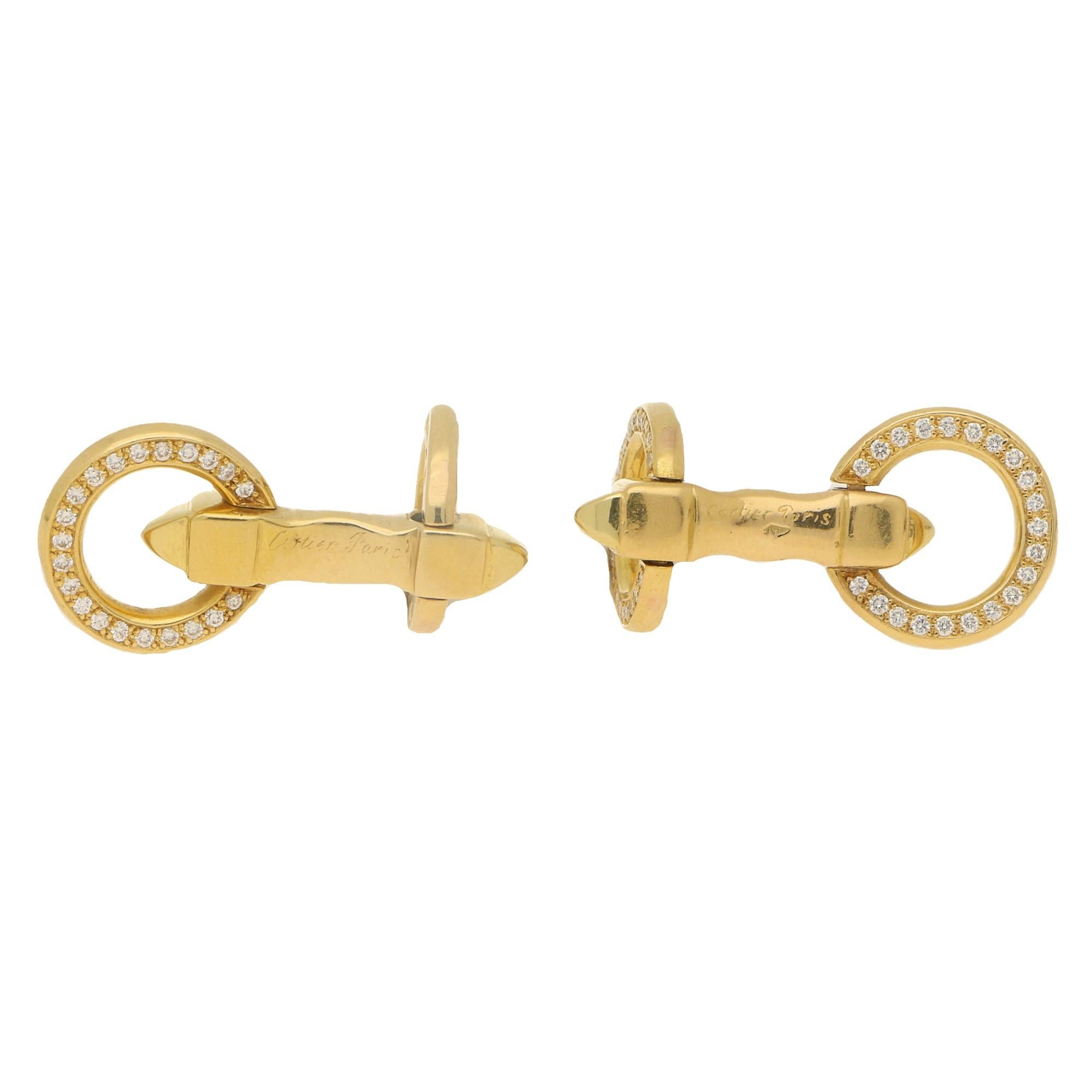 Round Cut Cartier Diamond Double Circle Snaffle Cufflinks in Yellow Gold