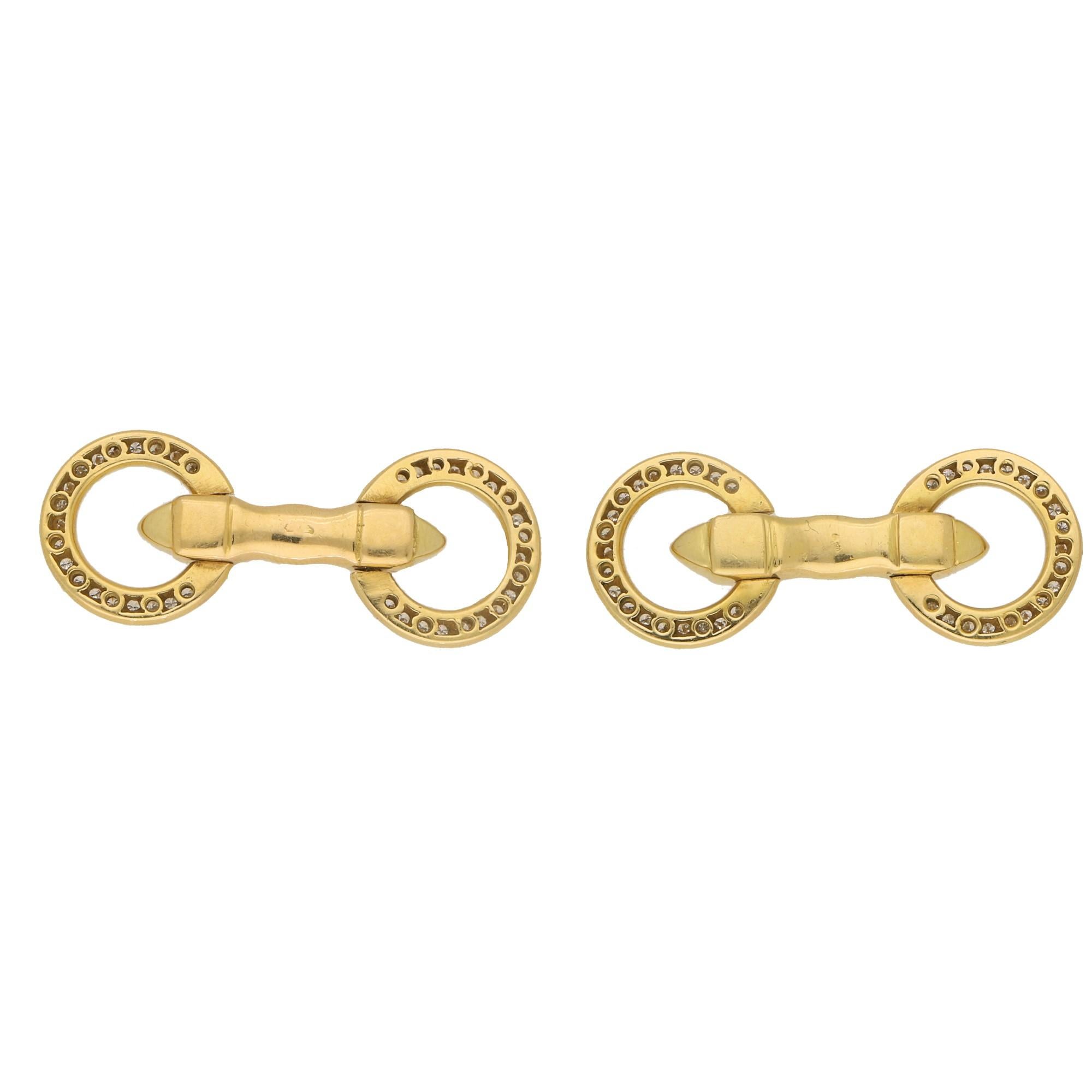 Cartier Diamond Double Circle Snaffle Cufflinks in Yellow Gold In Good Condition In London, GB