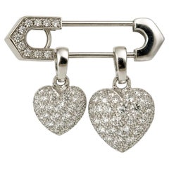 Cartier Diamond Double Heart Charm Safety Pin Convertible Brooch, 18 Karat Gold