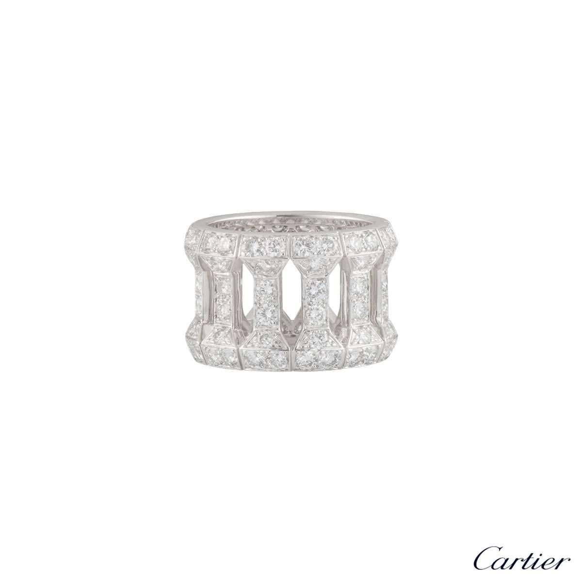 A stunning white gold diamond dress ring by Cartier. The ring is formed of 12 pillar style links, each set with 8 round brilliant cut diamonds. There are 96 diamonds in total with an approximate carat weight of 3.84ct, predominantly G colour and VS