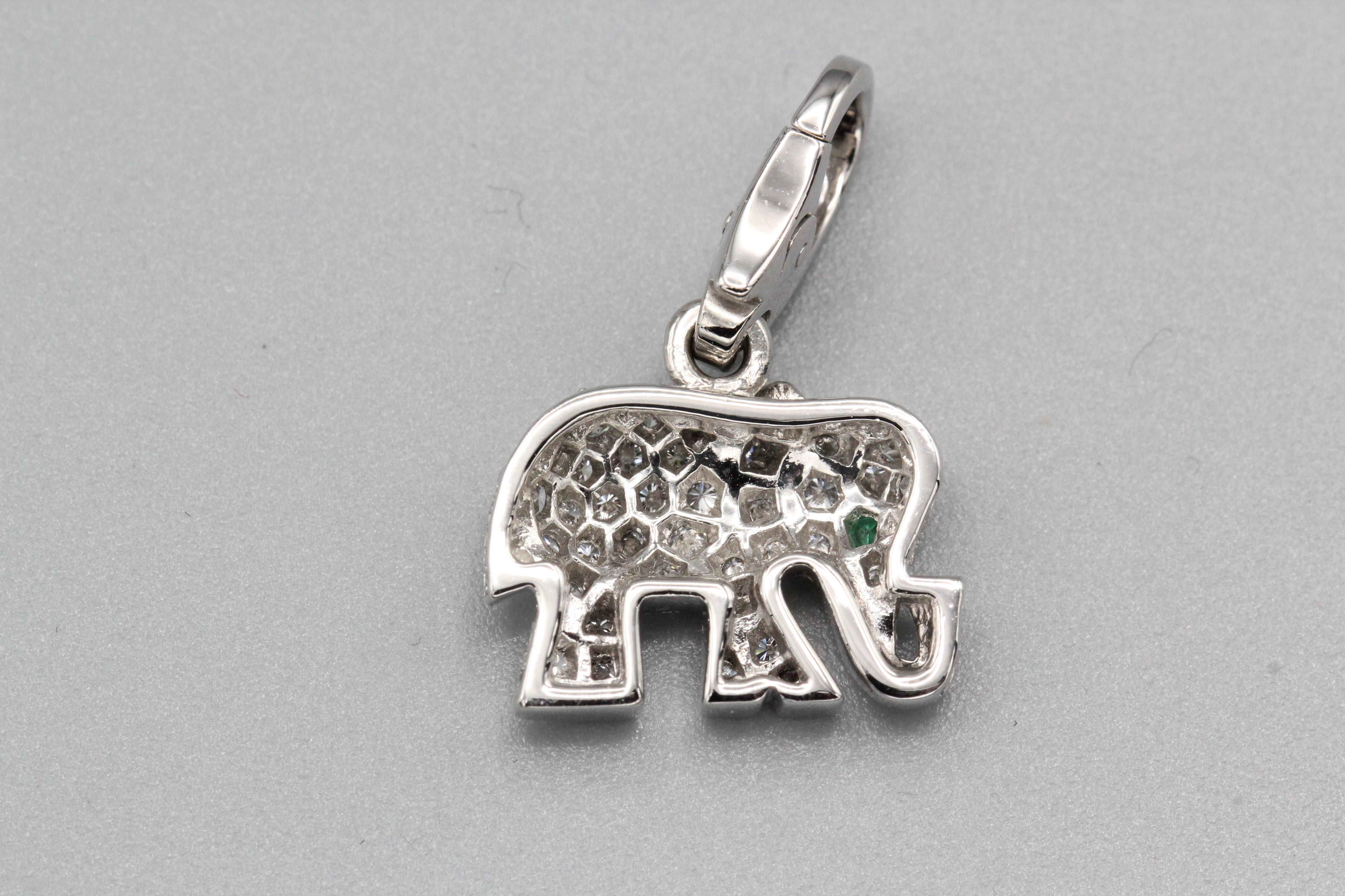Brilliant Cut Cartier Diamond Emerald 18 Karat White Gold Elephant Charm