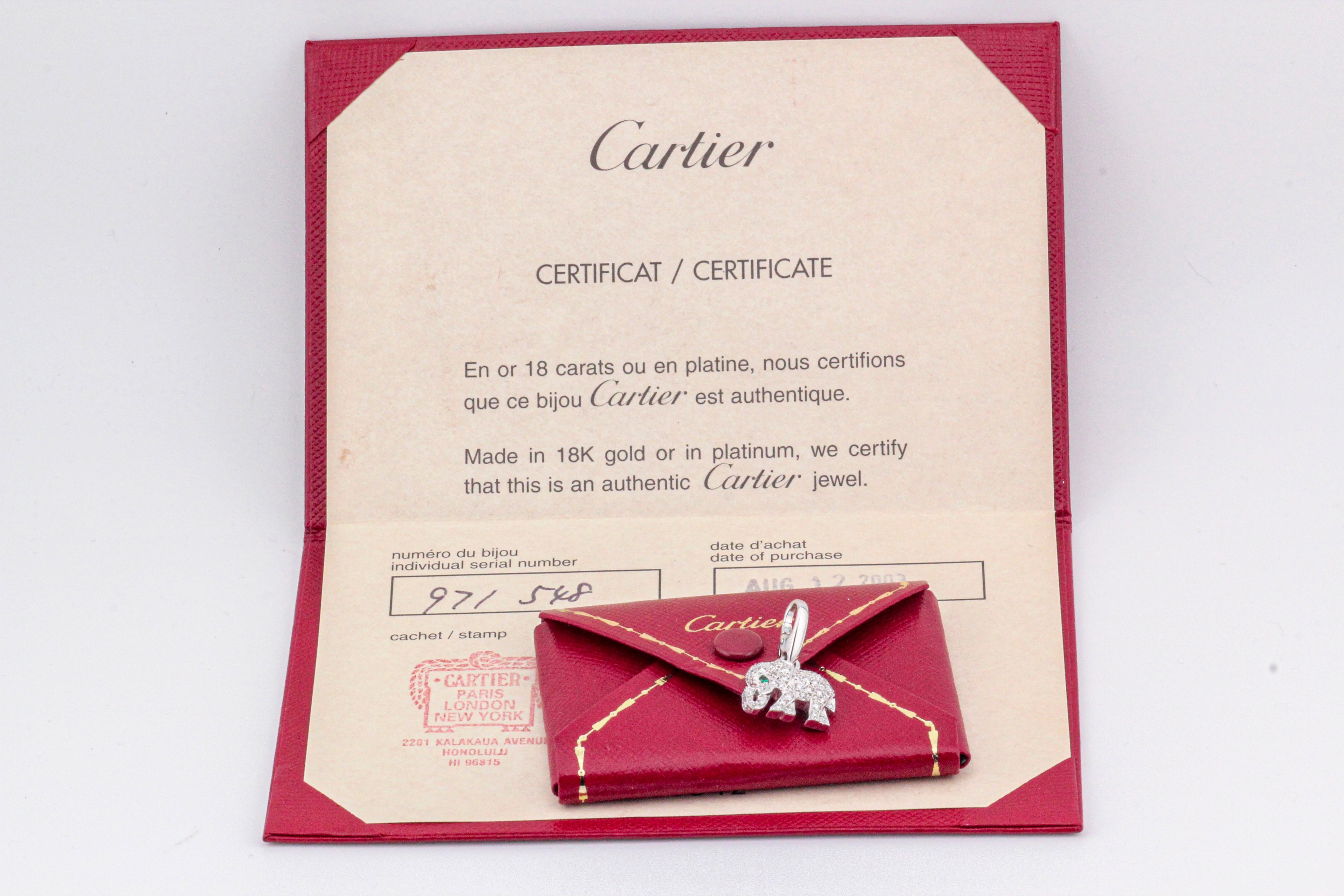 Women's or Men's Cartier Diamond Emerald 18 Karat White Gold Elephant Charm