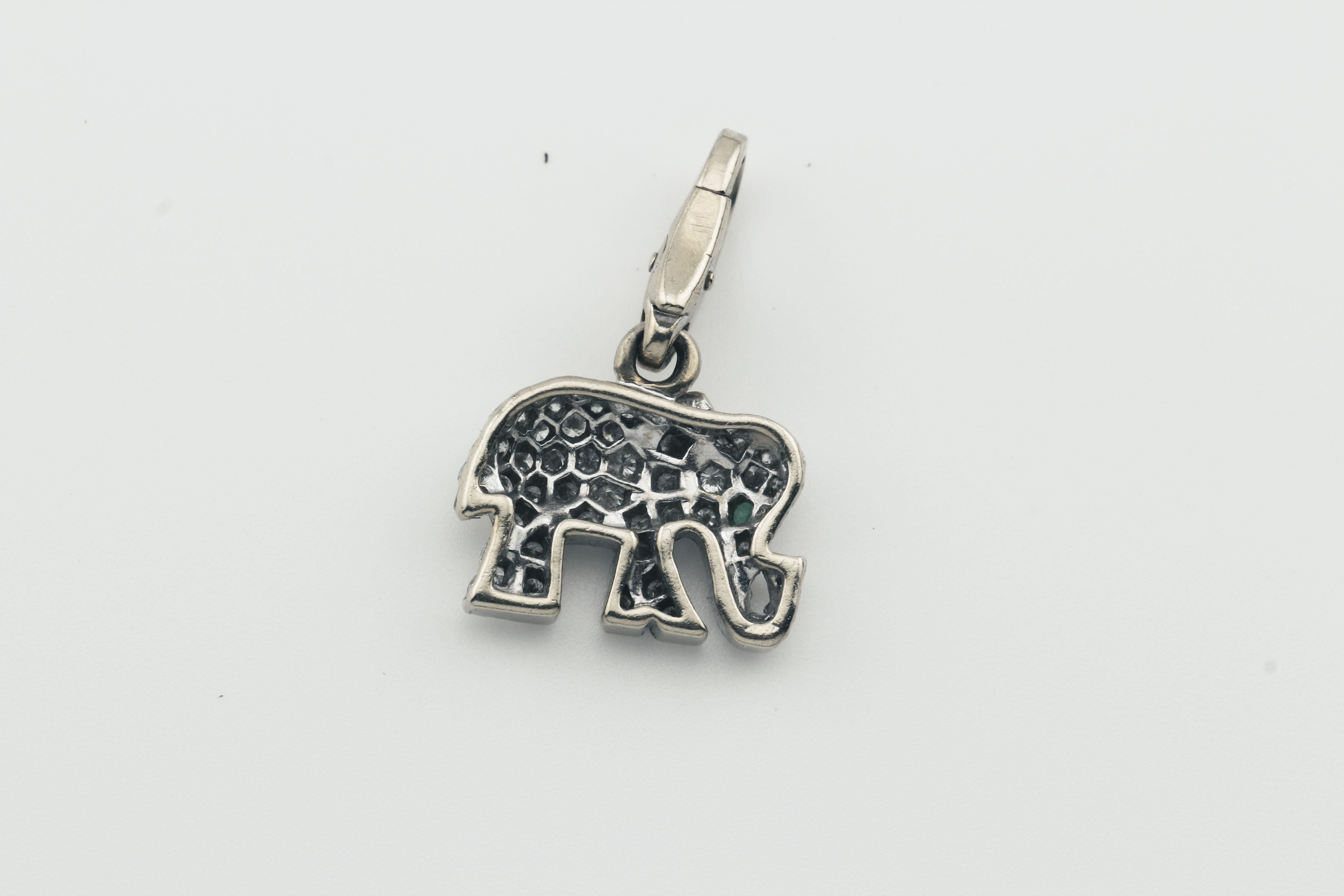 Brilliant Cut Cartier Diamond Emerald 18 Karat White Gold Elephant Charm Pendant