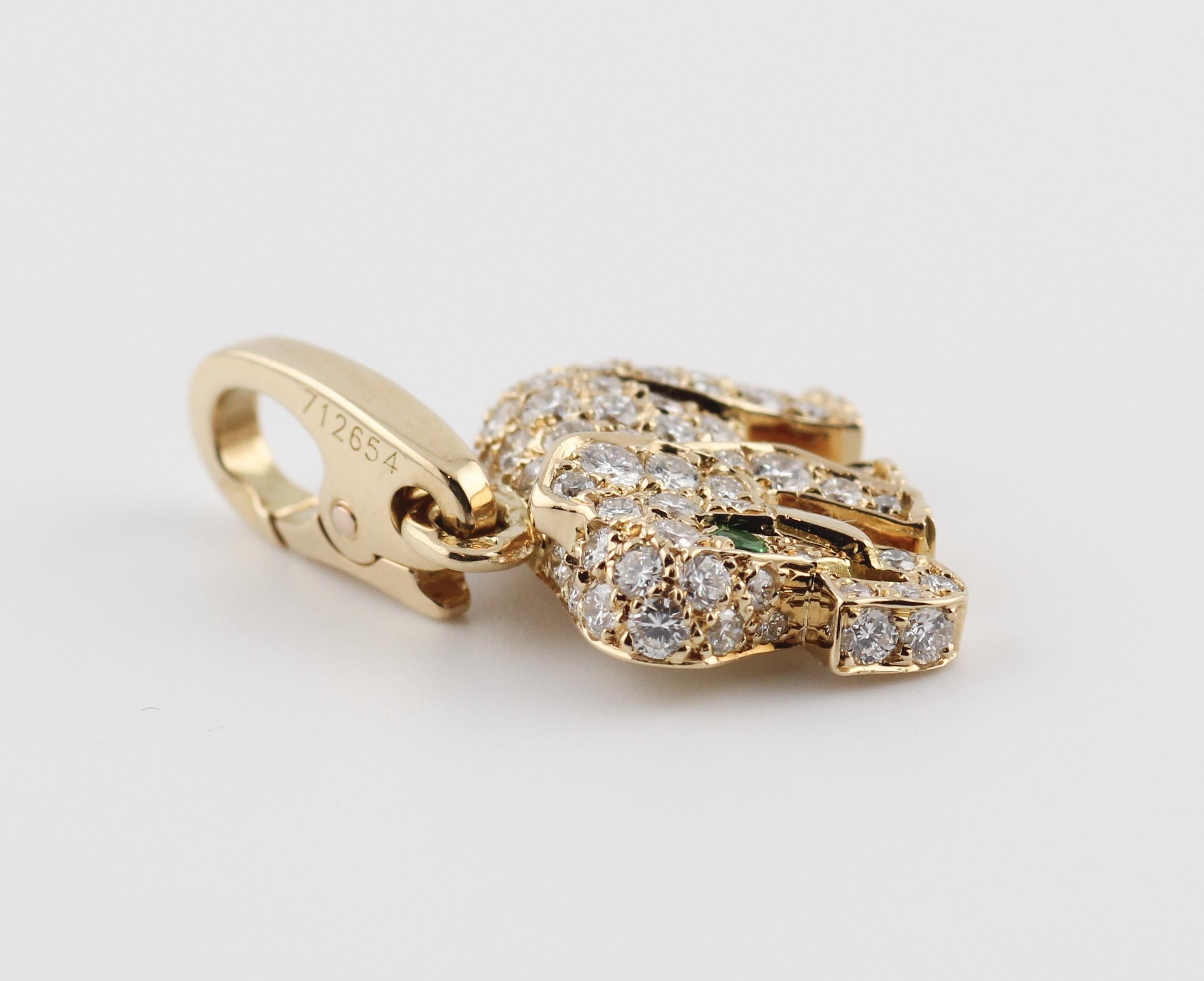 Brilliant Cut Cartier Diamond Emerald 18 Karat Yellow Gold Elephant Charm Pendant For Sale