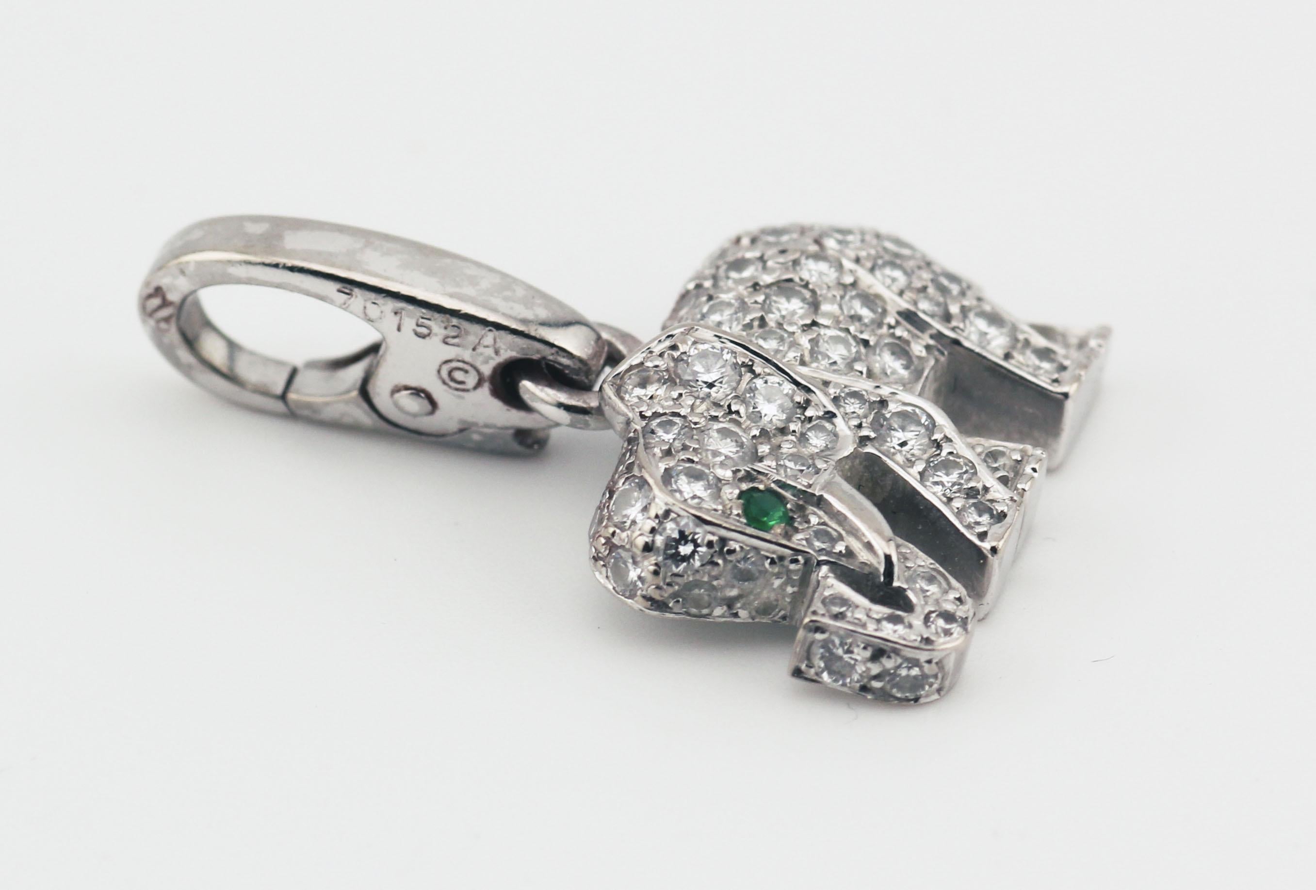 Evoke the majesty of the animal kingdom and the allure of fine jewelry with the Cartier Diamond Emerald 18 Karat White Gold Elephant Charm. This enchanting charm showcases the legendary craftsmanship of Cartier, marrying precious materials,
