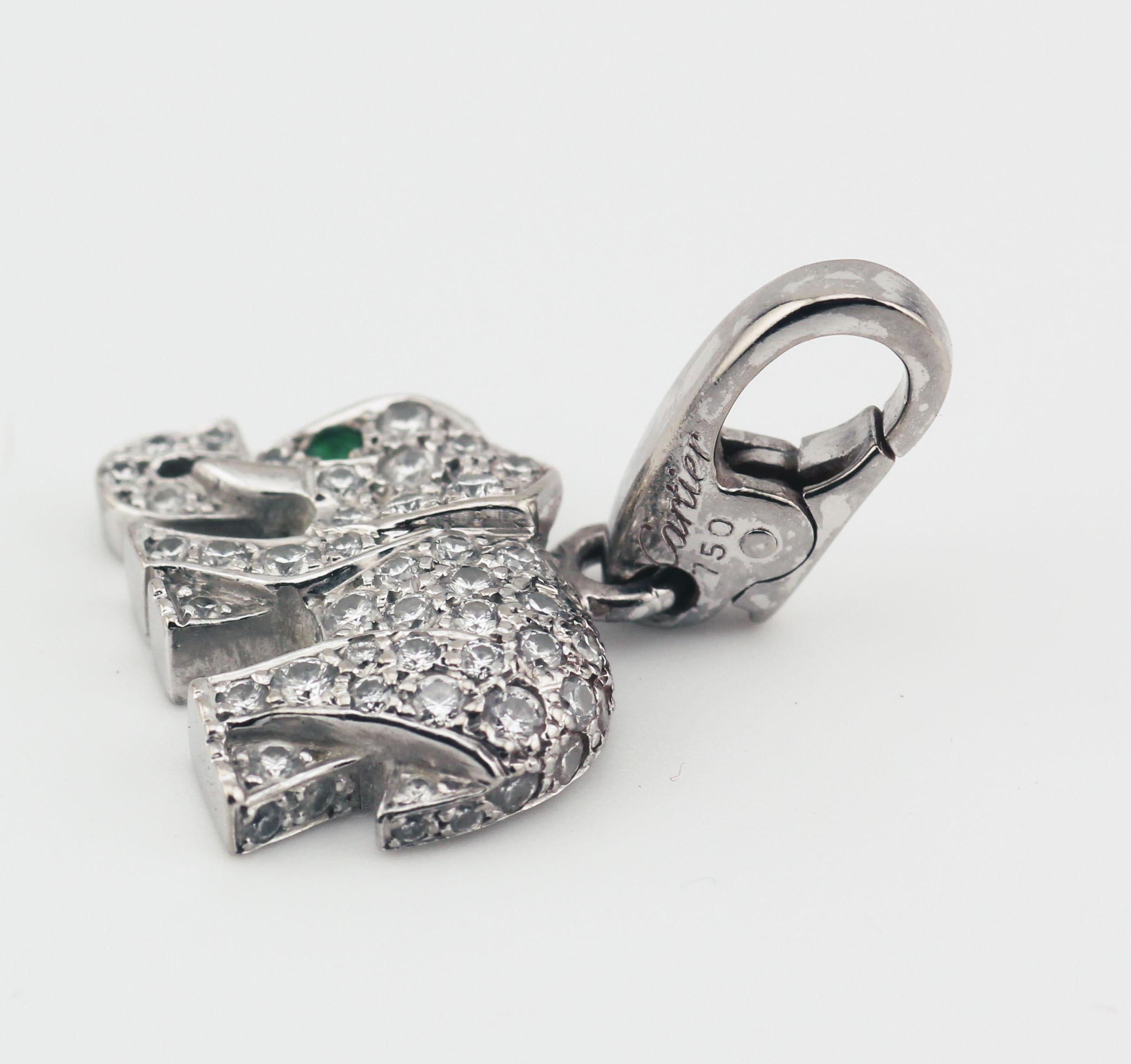 Cartier Diamond Emerald 18k White Gold Elephant Charm Pendant In Good Condition In Simpsonville, SC