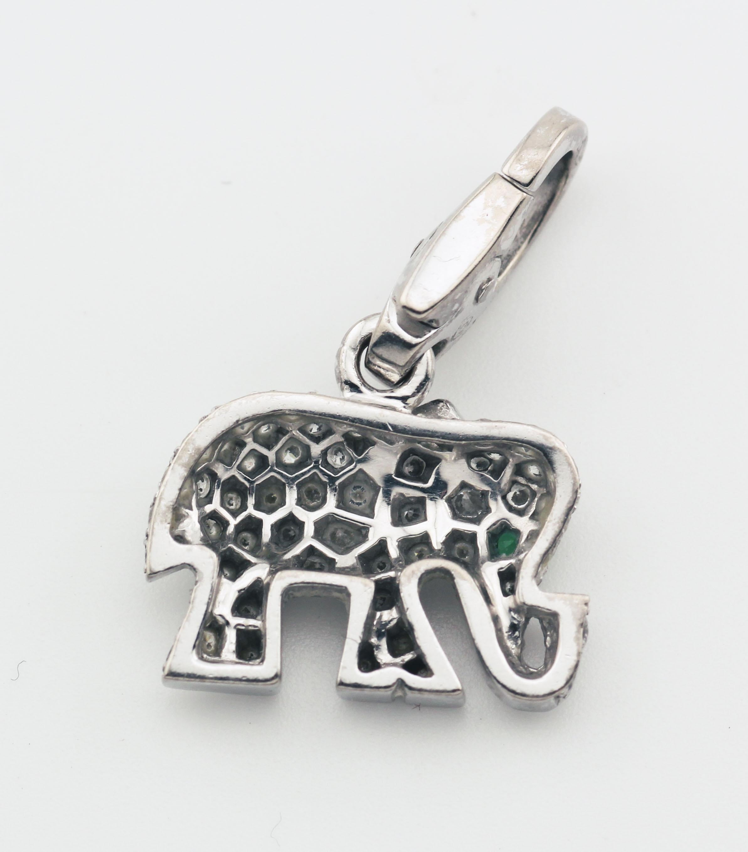 Women's or Men's Cartier Diamond Emerald 18k White Gold Elephant Charm Pendant