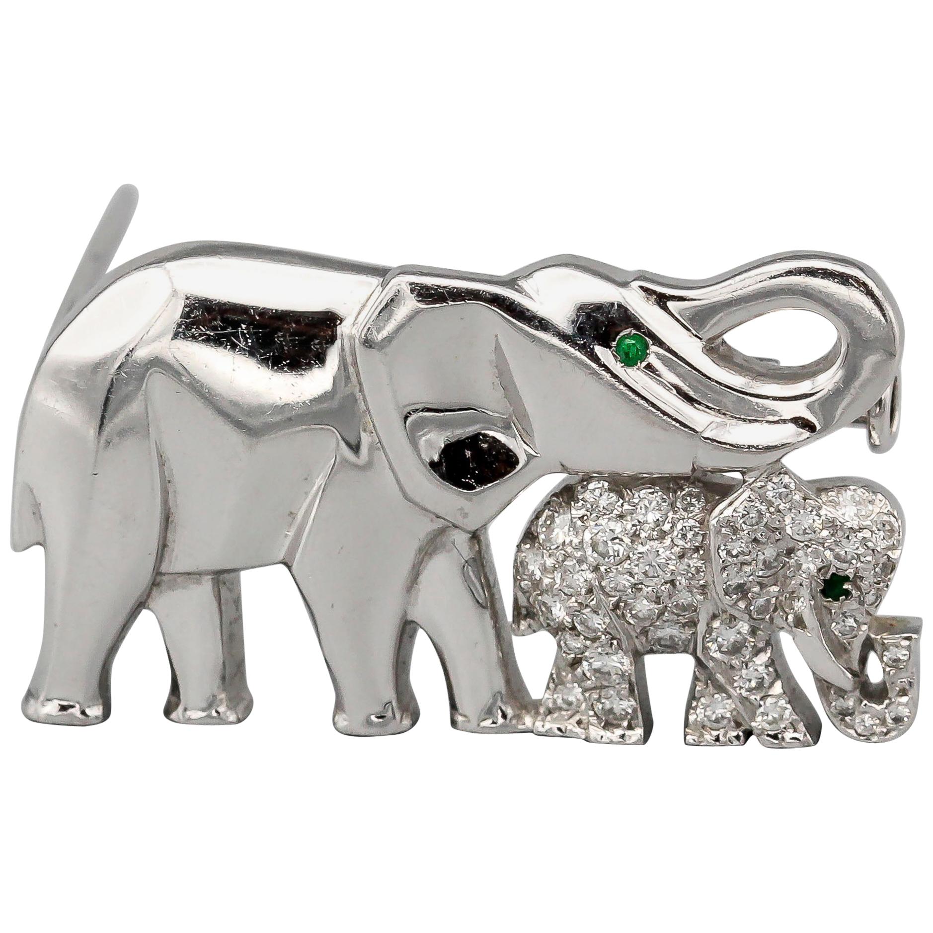 Cartier Diamond Emerald and 18 Karat White Gold Elephant Mother Brooch