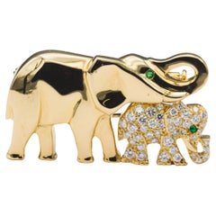 Cartier Diamond Emerald and 18 Karat Yellow Gold Elephant Mother Brooch