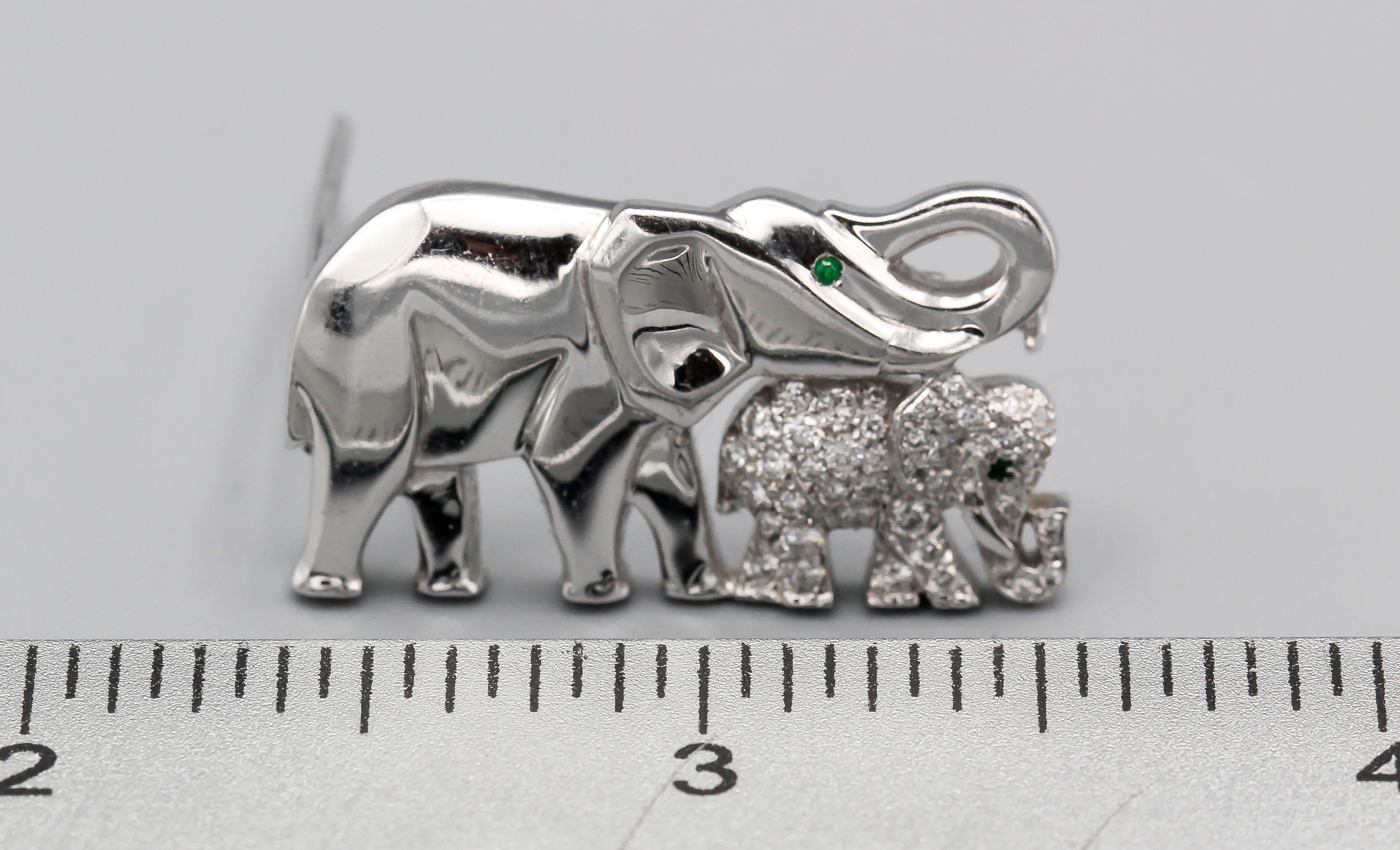 Women's or Men's Cartier Diamond Emerald and 18 Karat White Gold Elephant Mother Brooch